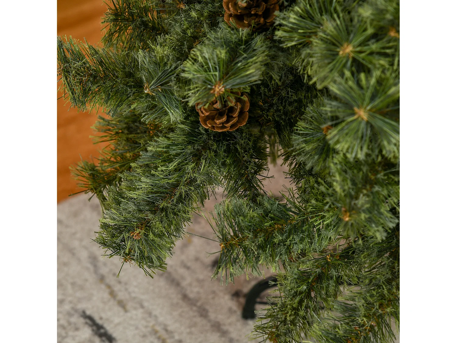 Sapin de Noël artificiel Ø 87 x 180H cm - 450 branches épines imitation Nordmann grand réalisme - 28 pommes de pin - métal PVC vert