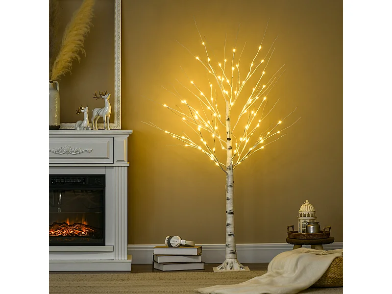 Arbre lumineux LED bouleau - décoration lumineuse - 96 LEDS blanc chaud - norme IP 44 - usage intérieur/extérieur - 1,5H m - métal PP blanc