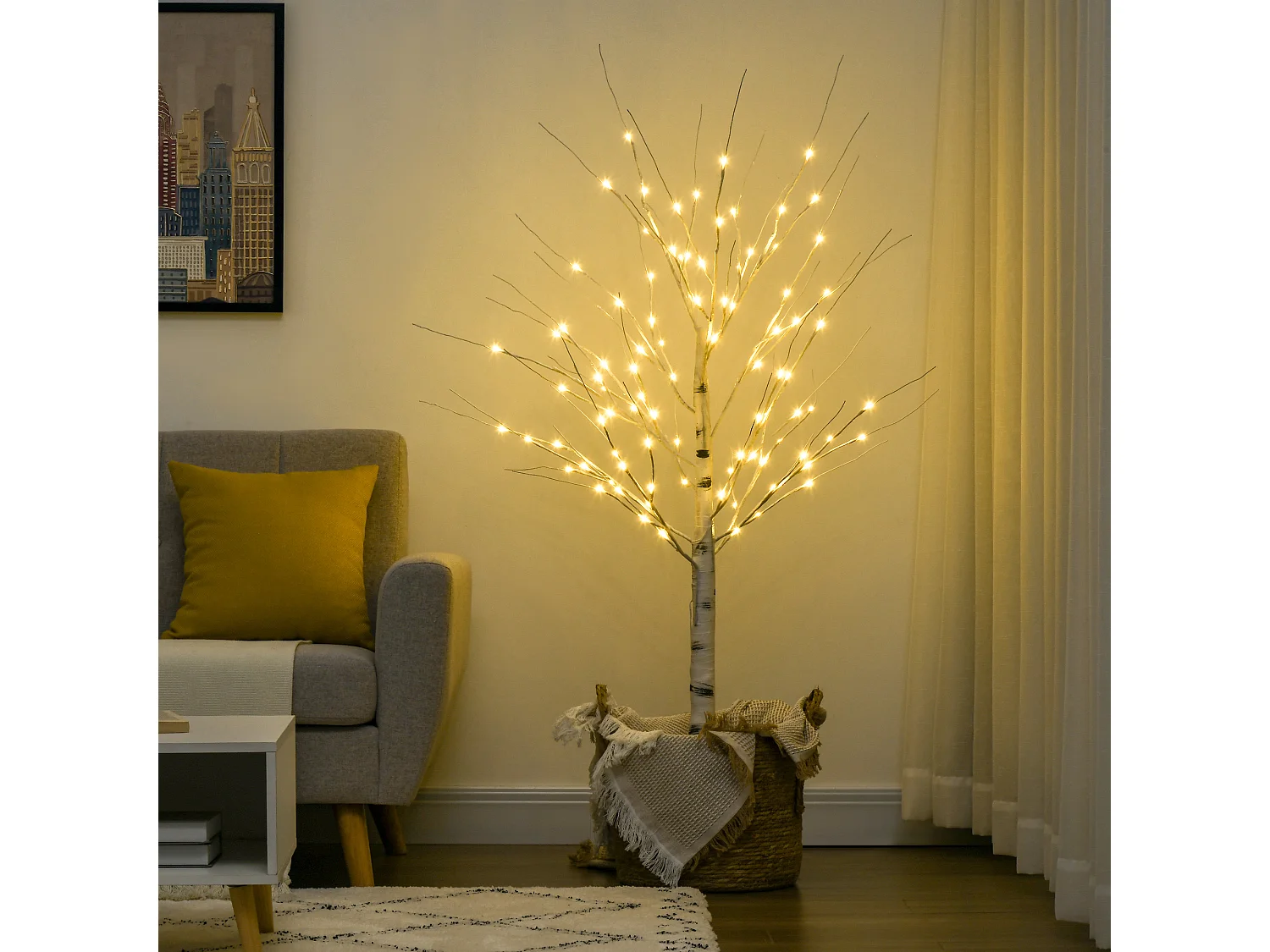 Arbre lumineux LED bouleau - décoration lumineuse - 96 LEDS blanc chaud - norme IP 44 - usage intérieur/extérieur - 1,5H m - métal PP blanc