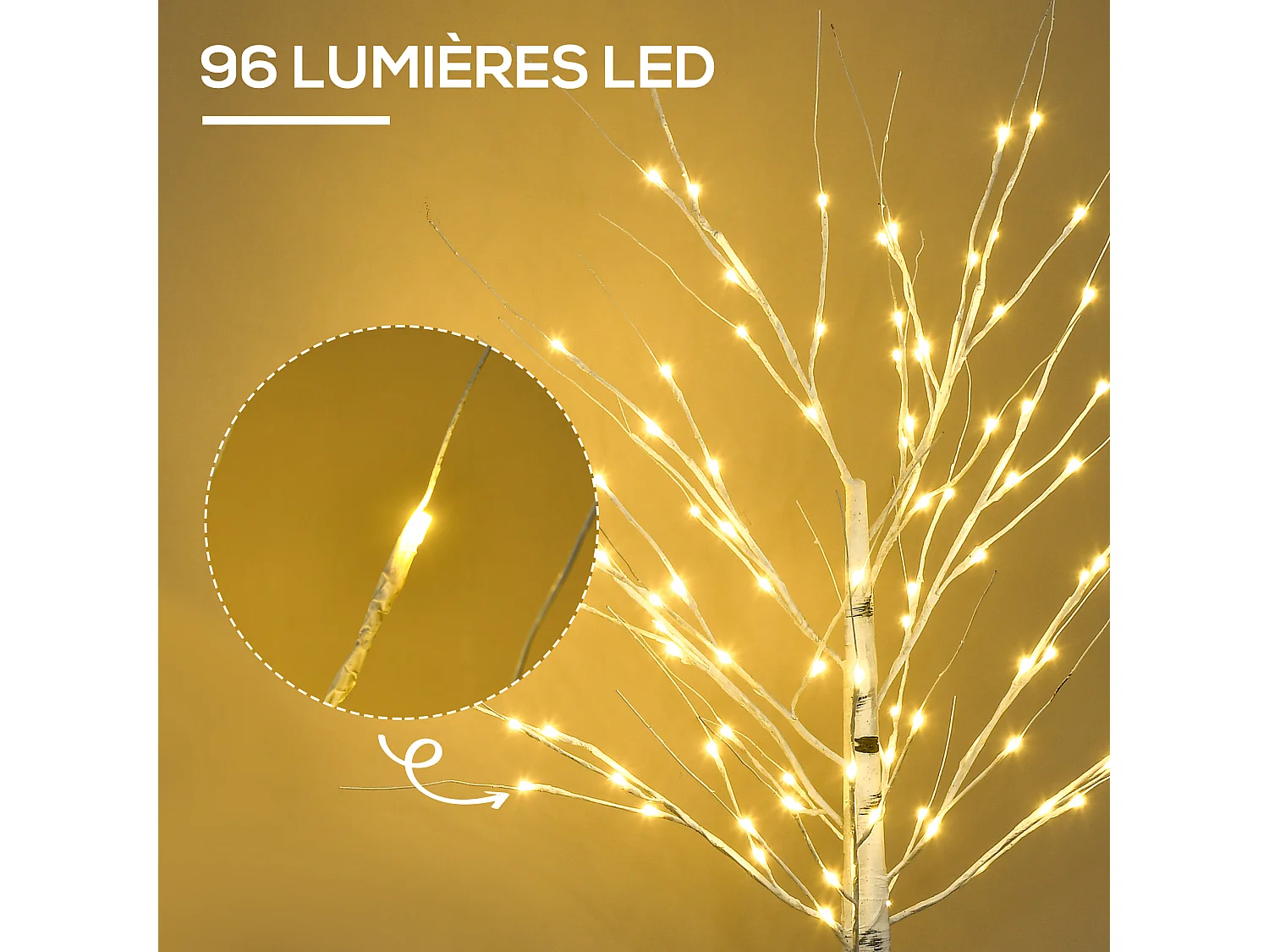 Arbre lumineux LED bouleau - décoration lumineuse - 96 LEDS blanc chaud - norme IP 44 - usage intérieur/extérieur - 1,5H m - métal PP blanc