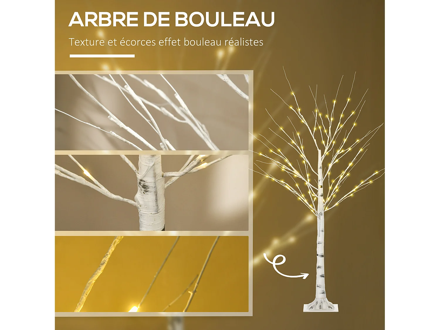 Arbre lumineux LED bouleau - décoration lumineuse - 96 LEDS blanc chaud - norme IP 44 - usage intérieur/extérieur - 1,5H m - métal PP blanc