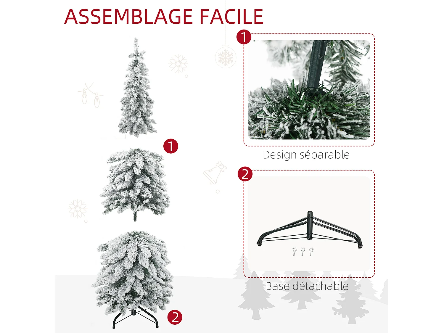 Arbre de Noël artificiel sapin de Noël avec support en acier 253 branches enneigées socle pliable hauteur 135 cm vert