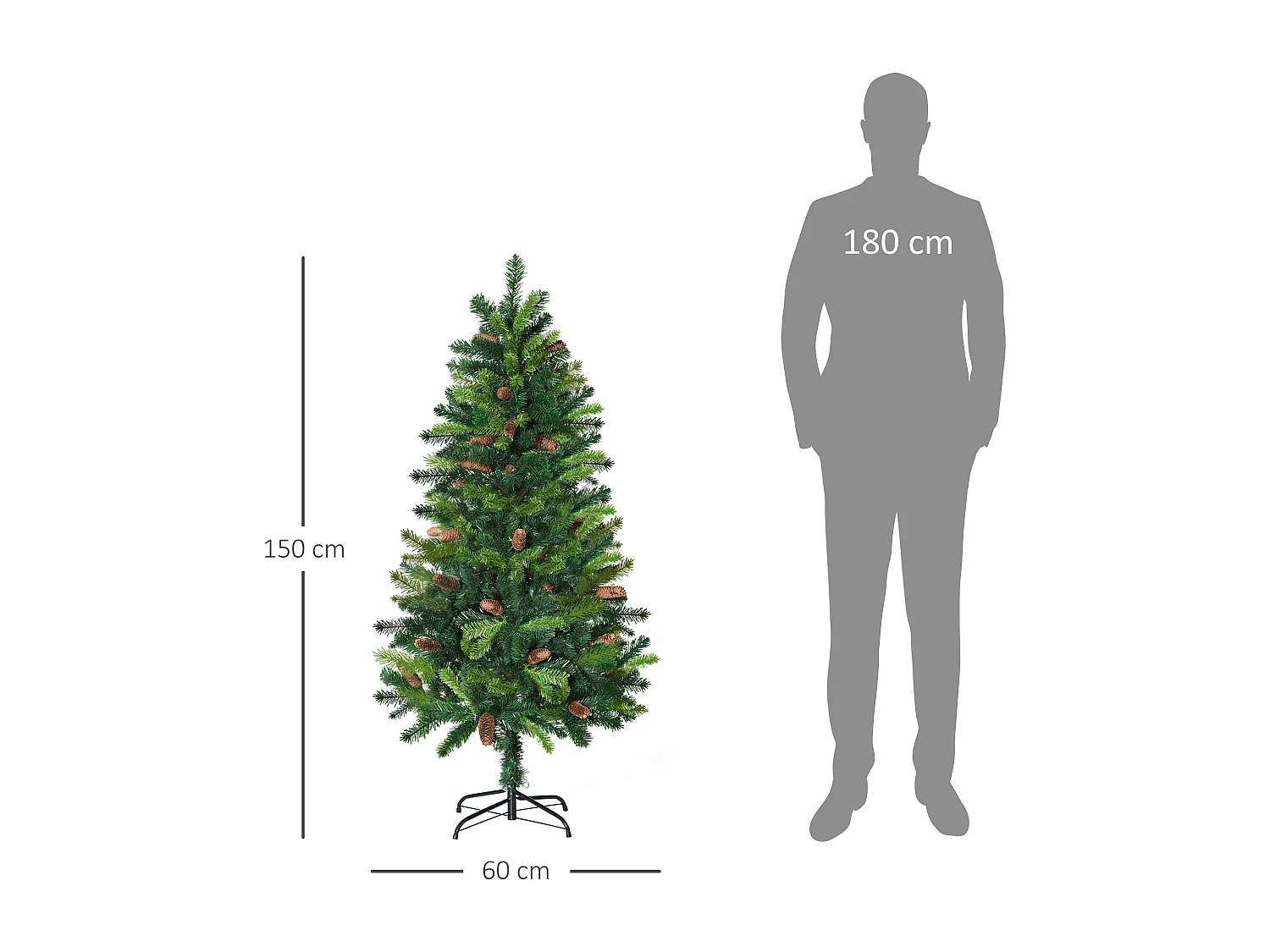 Sapin de Noël artificiel aspect réaliste Ø 60 x 150H cm 24 pommes de pin 360 branches imitation Nordmann