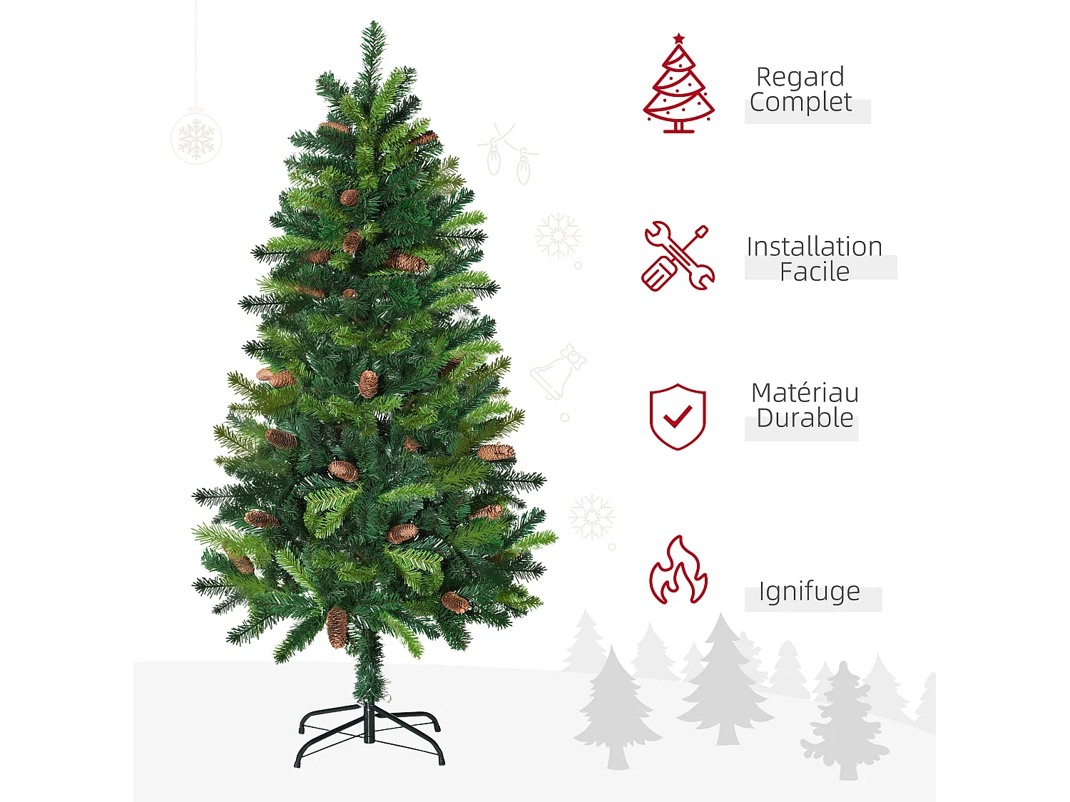 Sapin de Noël artificiel aspect réaliste Ø 60 x 150H cm 24 pommes de pin 360 branches imitation Nordmann