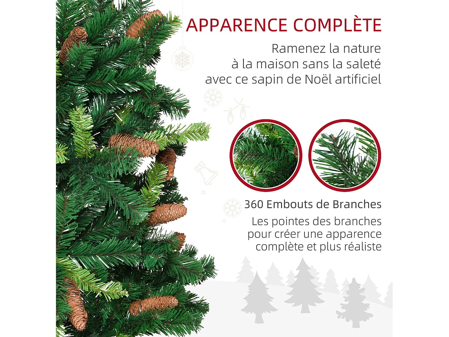 Sapin de Noël artificiel aspect réaliste Ø 60 x 150H cm 24 pommes de pin 360 branches imitation Nordmann