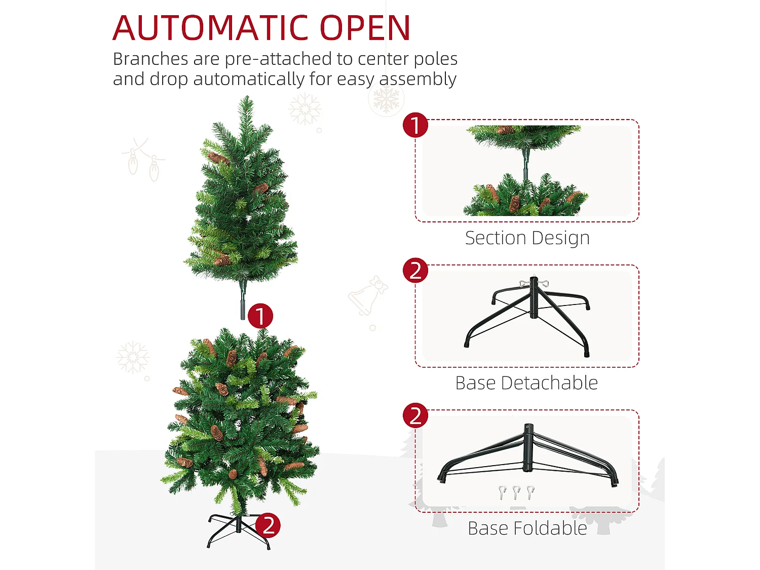 Sapin de Noël artificiel aspect réaliste Ø 60 x 150H cm 24 pommes de pin 360 branches imitation Nordmann