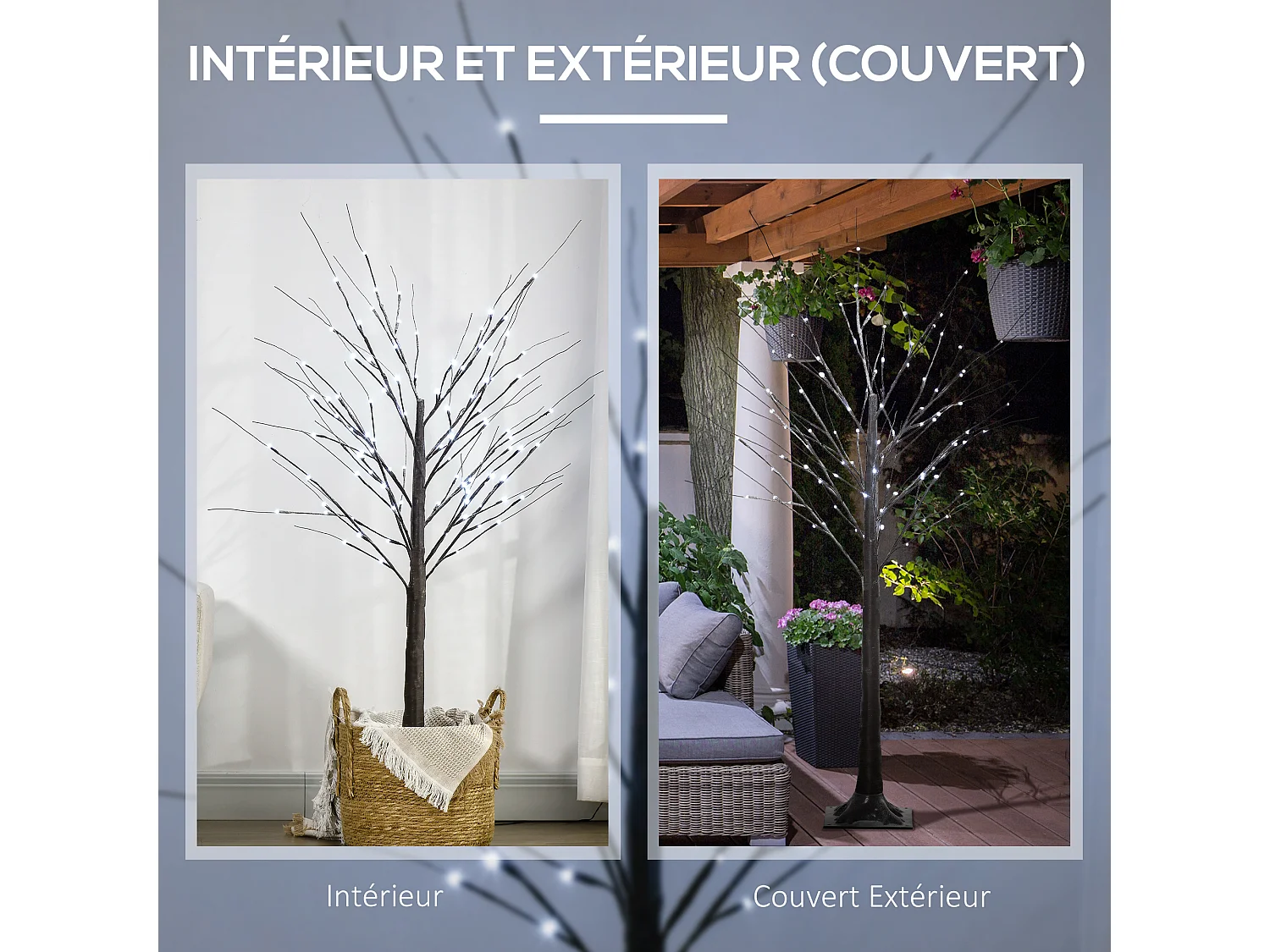 Arbre lumineux LED aspect enneigé - décoration lumineuse - 96 LEDS blanc froid - norme IP 44 - usage intérieur/extérieur - 1,5H m - métal PP brun
