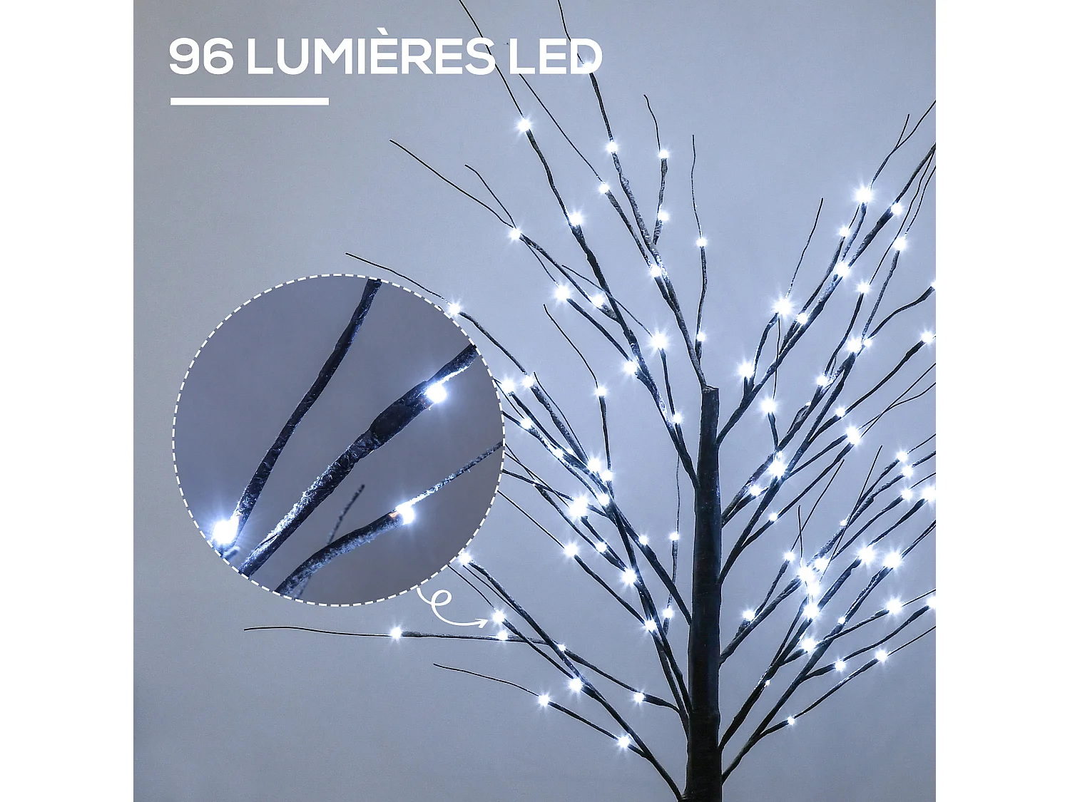 Arbre lumineux LED aspect enneigé - décoration lumineuse - 96 LEDS blanc froid - norme IP 44 - usage intérieur/extérieur - 1,5H m - métal PP brun