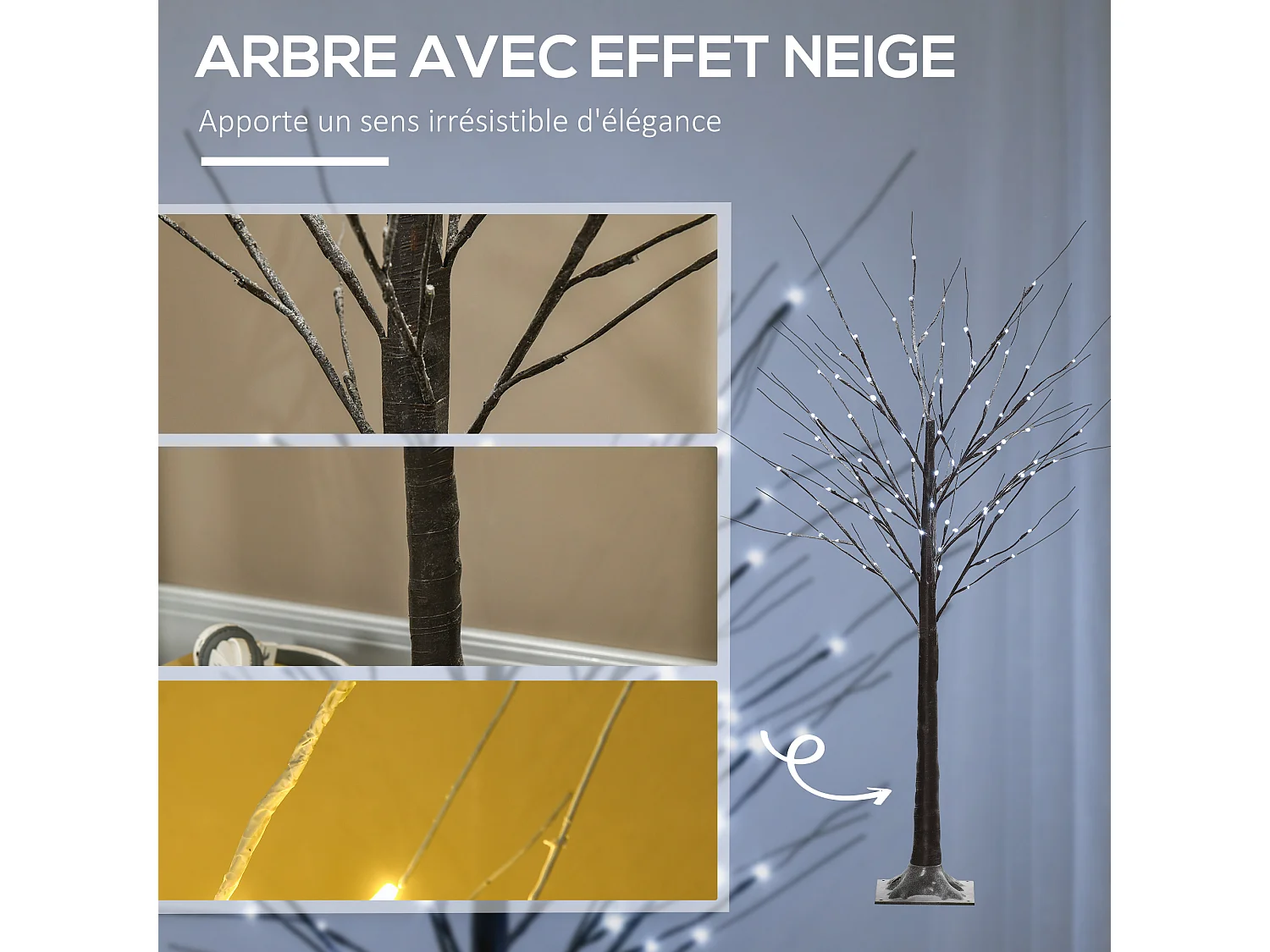 Arbre lumineux LED aspect enneigé - décoration lumineuse - 96 LEDS blanc froid - norme IP 44 - usage intérieur/extérieur - 1,5H m - métal PP brun