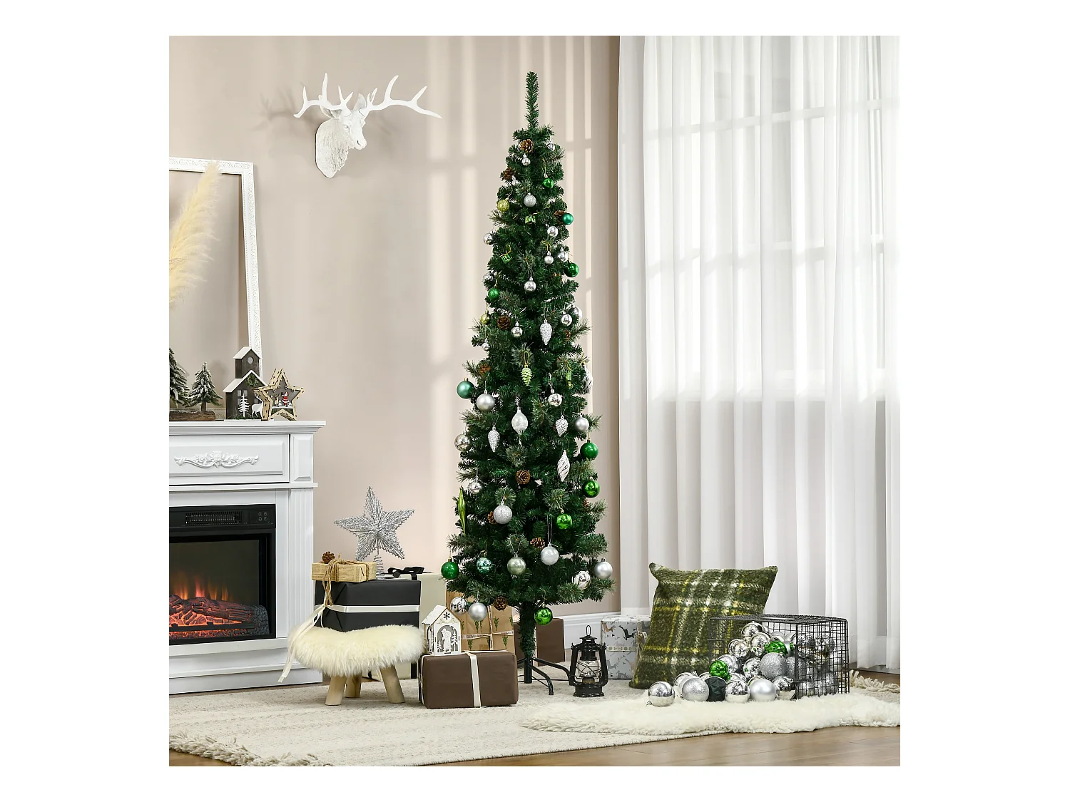 Sapin de Noël artificiel Ø 54 x 195H cm - 556 branches épines grand réalisme - 42 pommes de pin - métal PVC vert