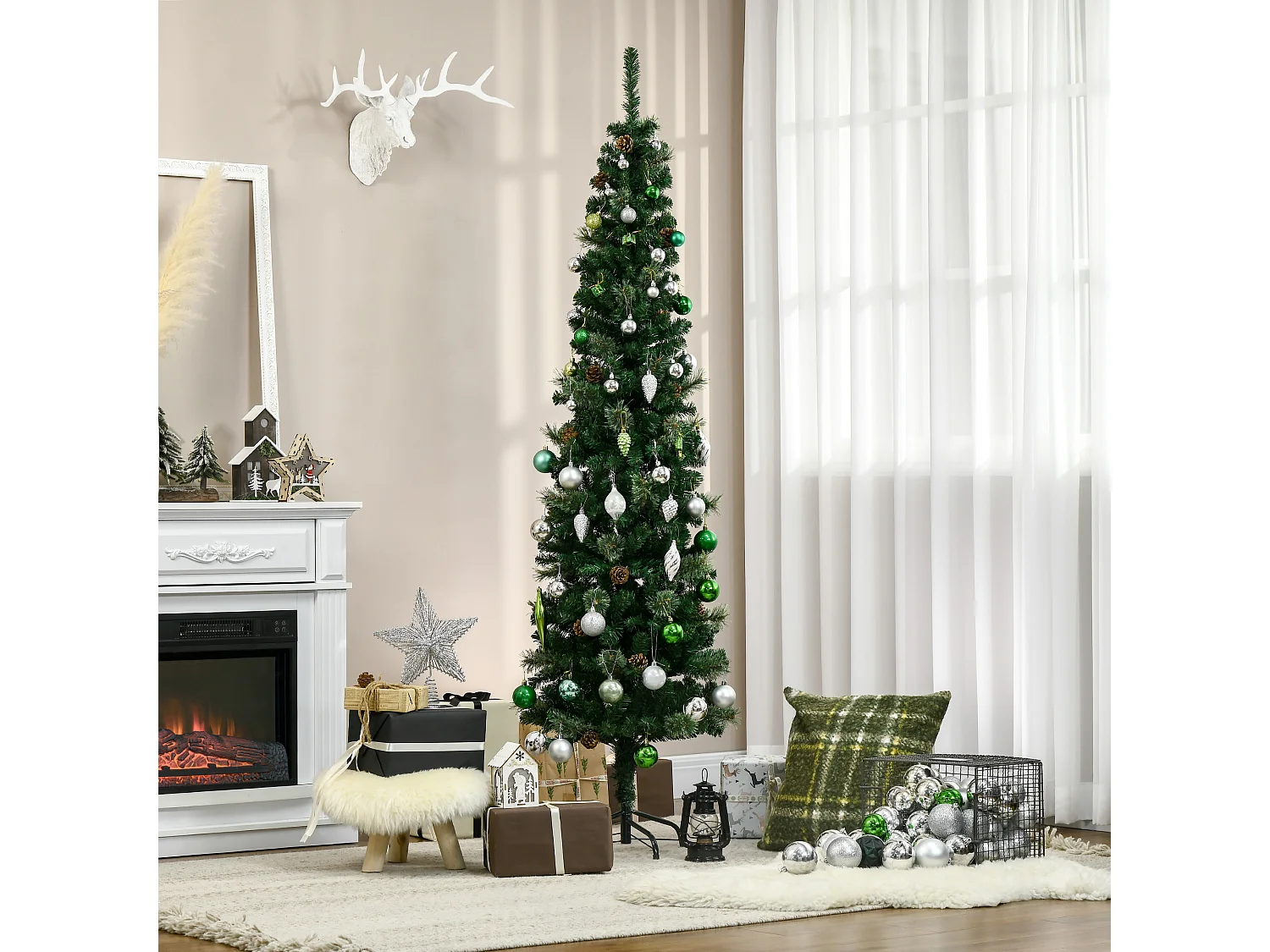 Sapin de Noël artificiel Ø 54 x 195H cm - 556 branches épines grand réalisme - 42 pommes de pin - métal PVC vert