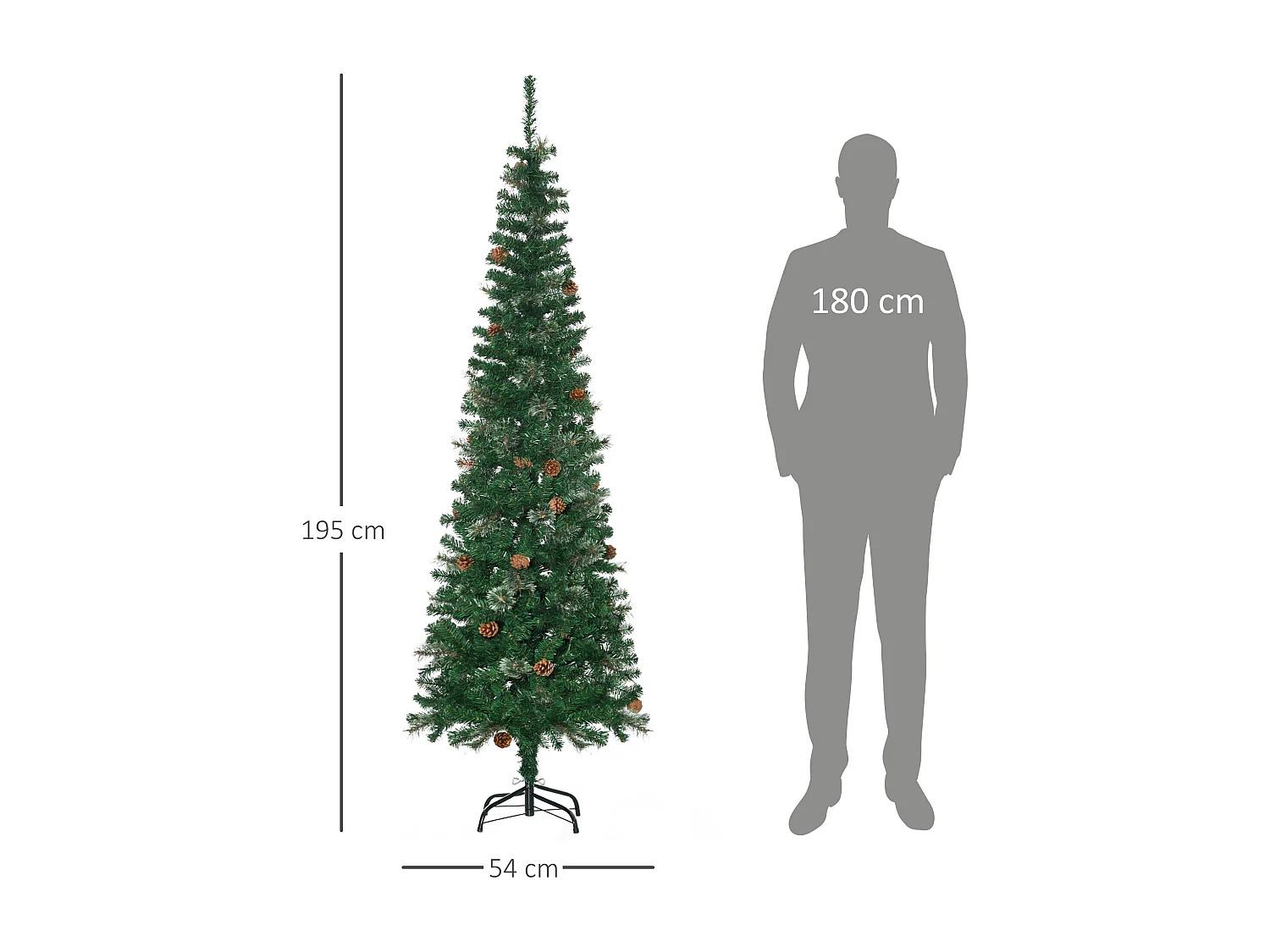 Sapin de Noël artificiel Ø 54 x 195H cm - 556 branches épines grand réalisme - 42 pommes de pin - métal PVC vert