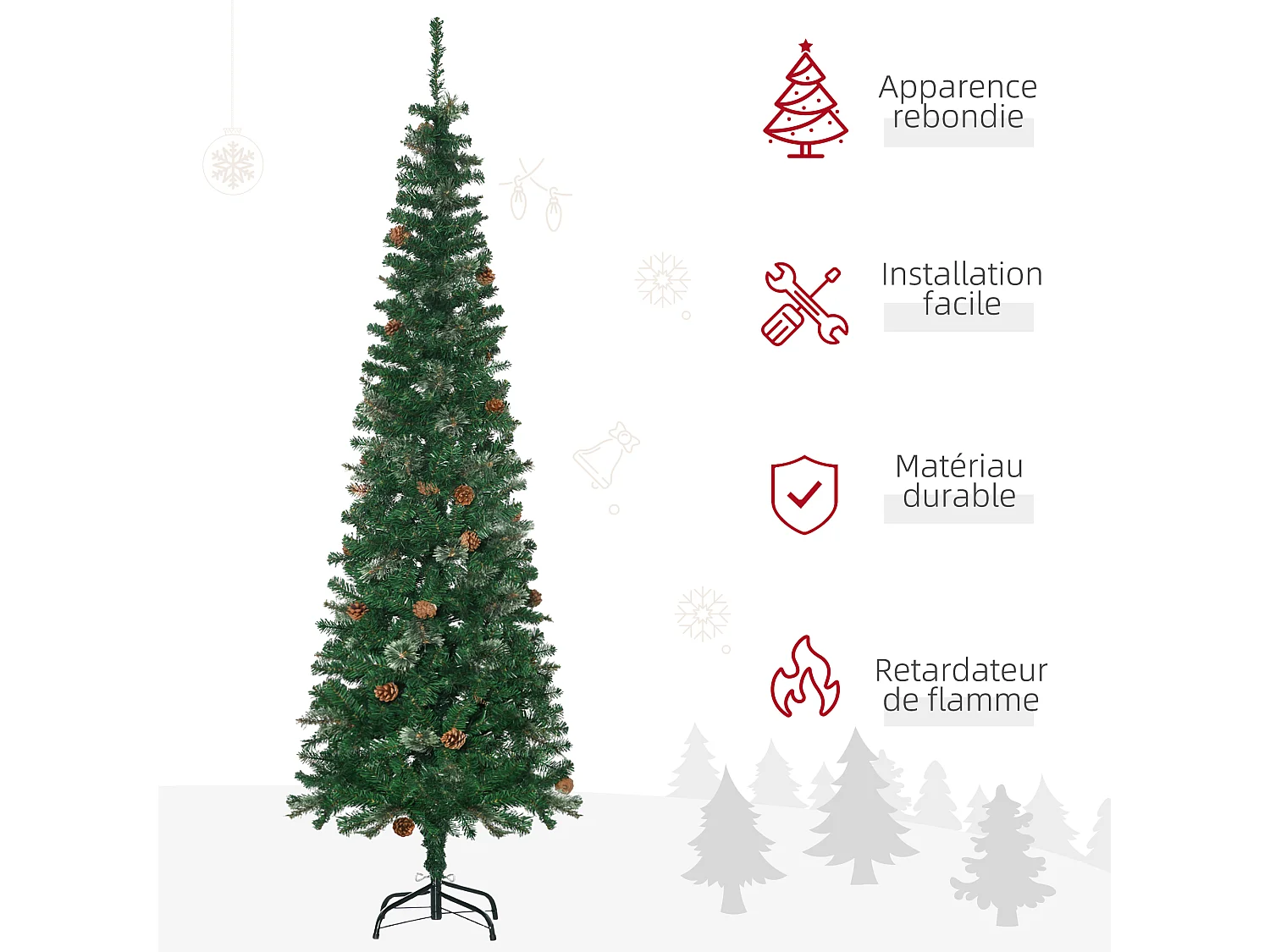 Sapin de Noël artificiel Ø 54 x 195H cm - 556 branches épines grand réalisme - 42 pommes de pin - métal PVC vert