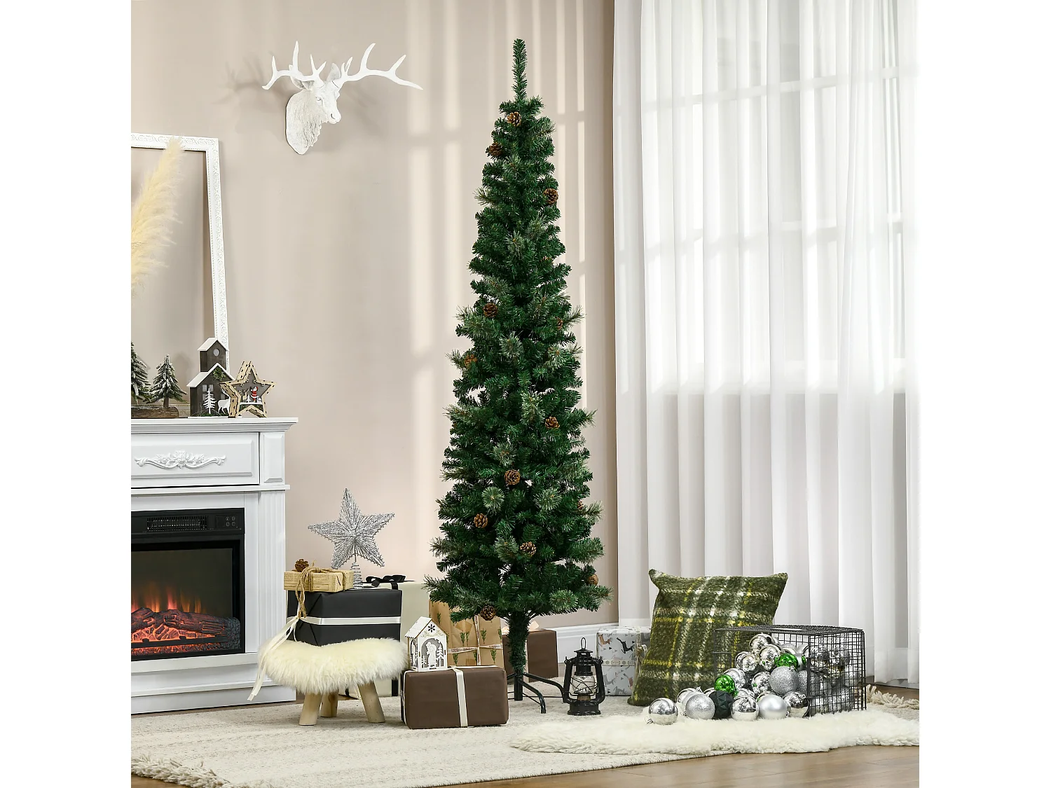 Sapin de Noël artificiel Ø 54 x 195H cm - 556 branches épines grand réalisme - 42 pommes de pin - métal PVC vert