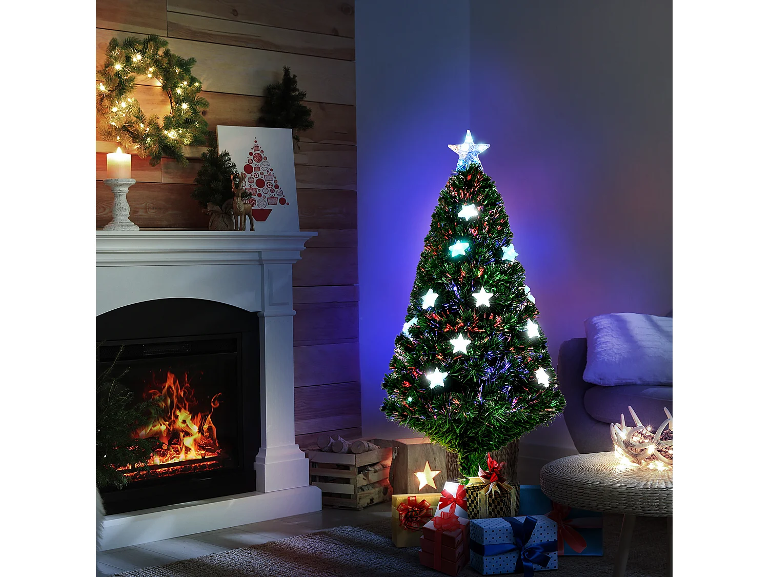 Sapin de Noël artificiel lumineux fibre optique LED multicolore + support pied Ø 60 x 120H cm 130 branches étoile sommet brillante vert
