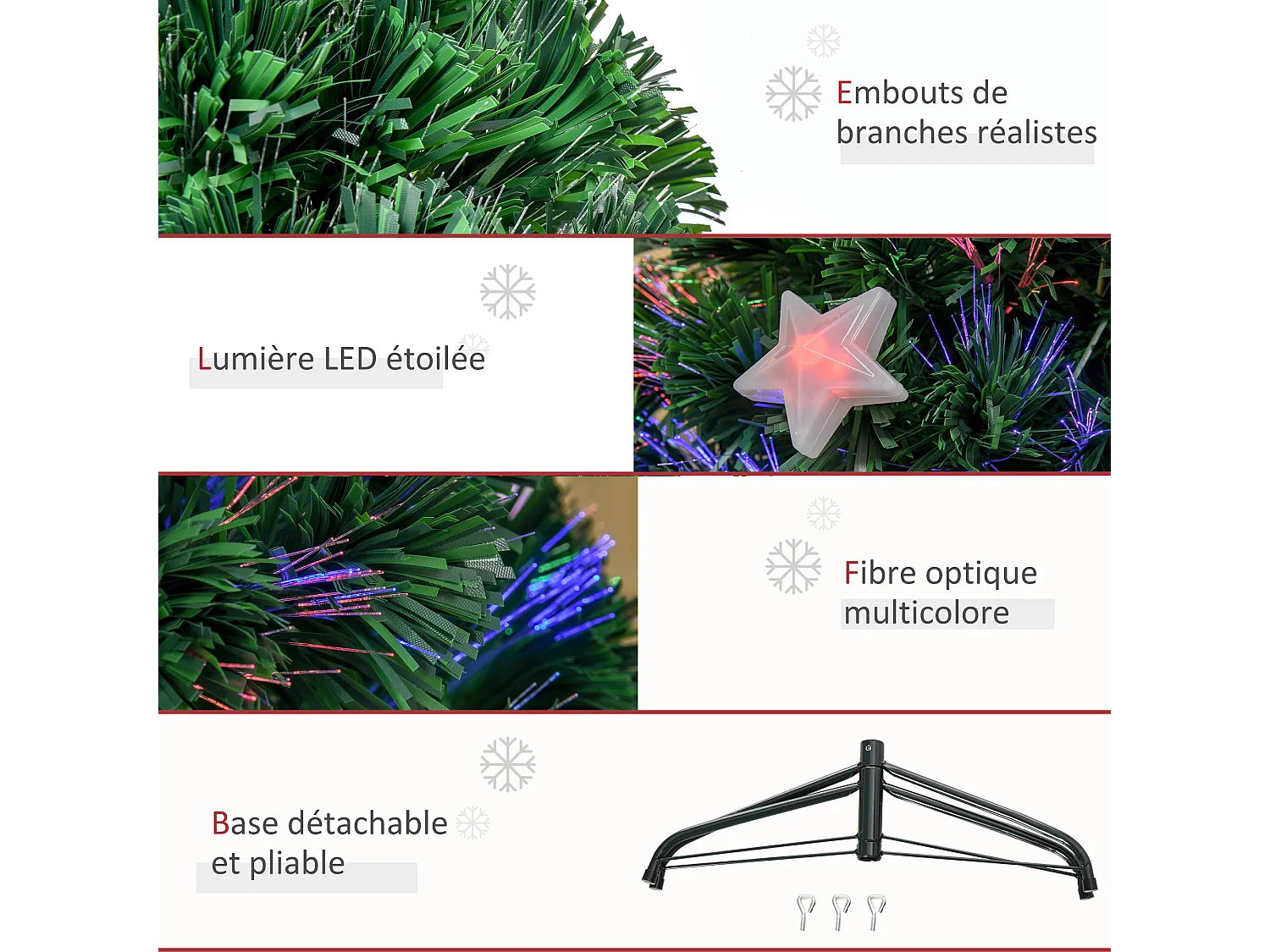 Sapin de Noël artificiel lumineux fibre optique LED multicolore + support pied Ø 60 x 120H cm 130 branches étoile sommet brillante vert