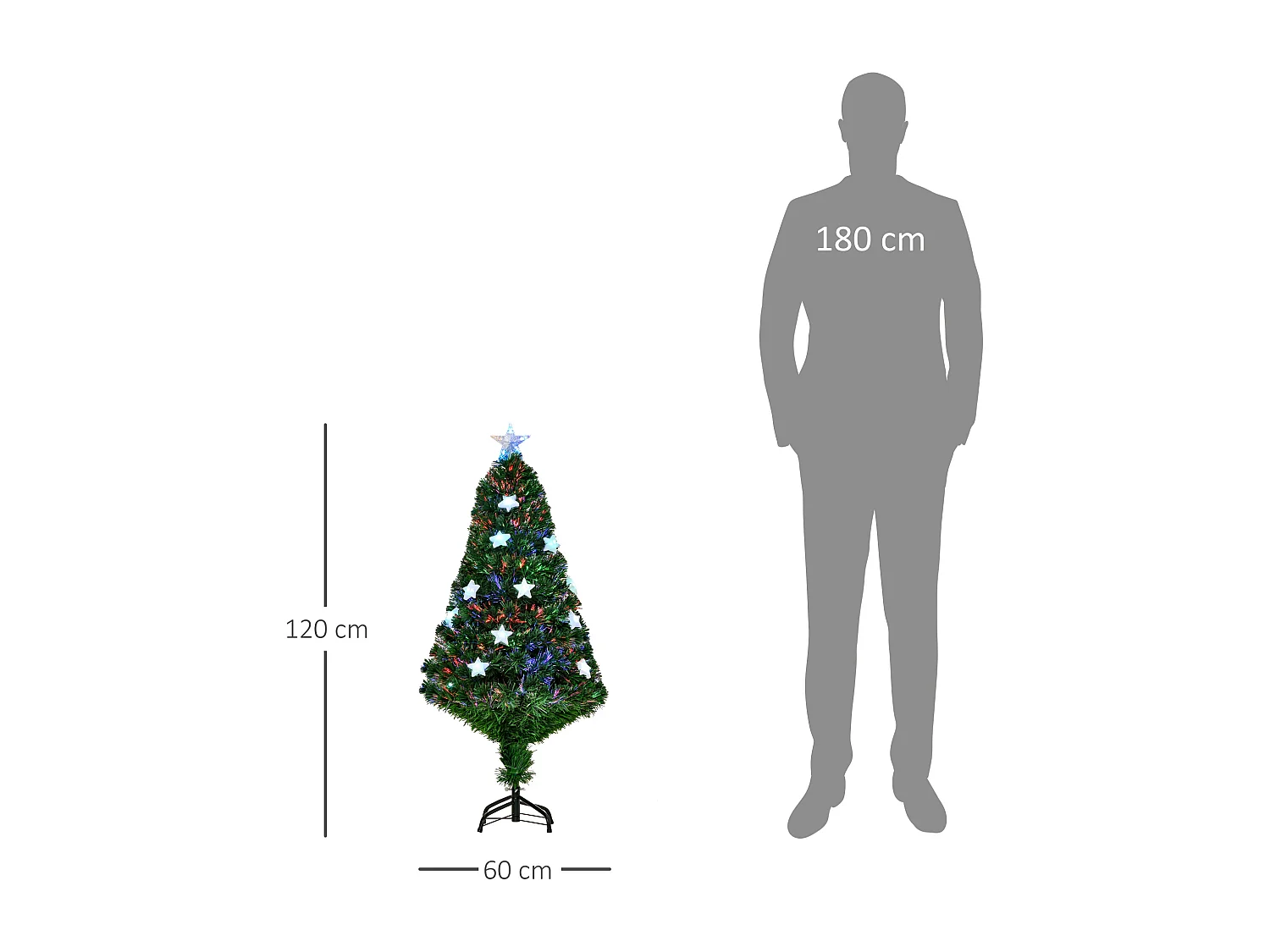 Sapin de Noël artificiel lumineux fibre optique LED multicolore + support pied Ø 60 x 120H cm 130 branches étoile sommet brillante vert