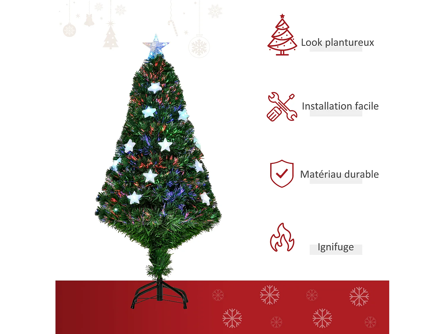 Sapin de Noël artificiel lumineux fibre optique LED multicolore + support pied Ø 60 x 120H cm 130 branches étoile sommet brillante vert