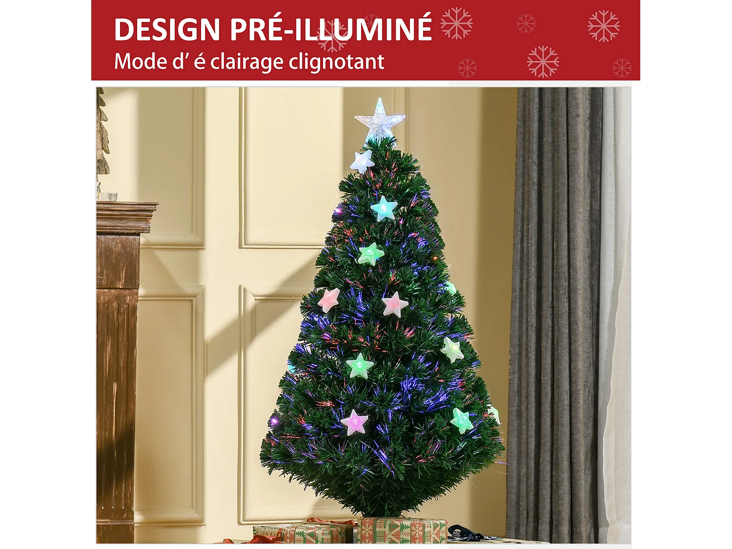 Sapin de Noël artificiel lumineux fibre optique LED multicolore + support pied Ø 60 x 120H cm 130 branches étoile sommet brillante vert
