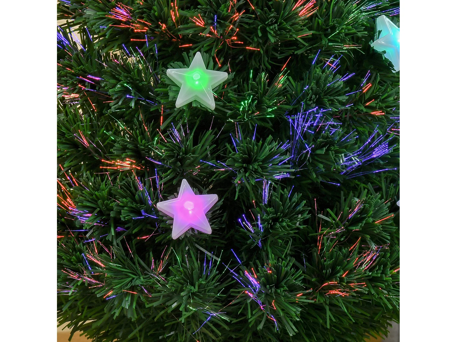 Sapin de Noël artificiel lumineux fibre optique LED multicolore + support pied Ø 60 x 120H cm 130 branches étoile sommet brillante vert