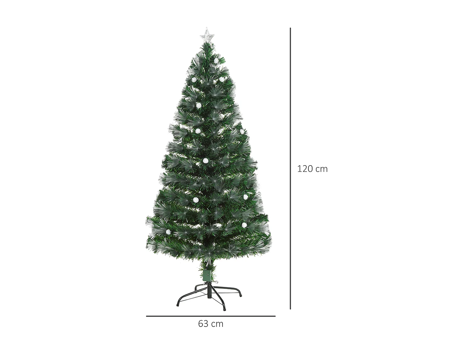 Sapin de Noël artificiel lumineux fibre optique LED + 20 ampoules + support pied Ø 63 x 120H cm 130 branches étoile sommet brillante vert