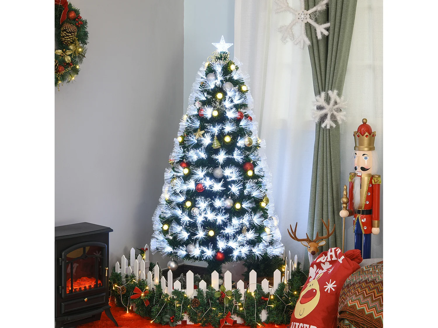 Sapin de Noël artificiel lumineux fibre optique LED + 20 ampoules + support pied Ø 63 x 120H cm 130 branches étoile sommet brillante vert