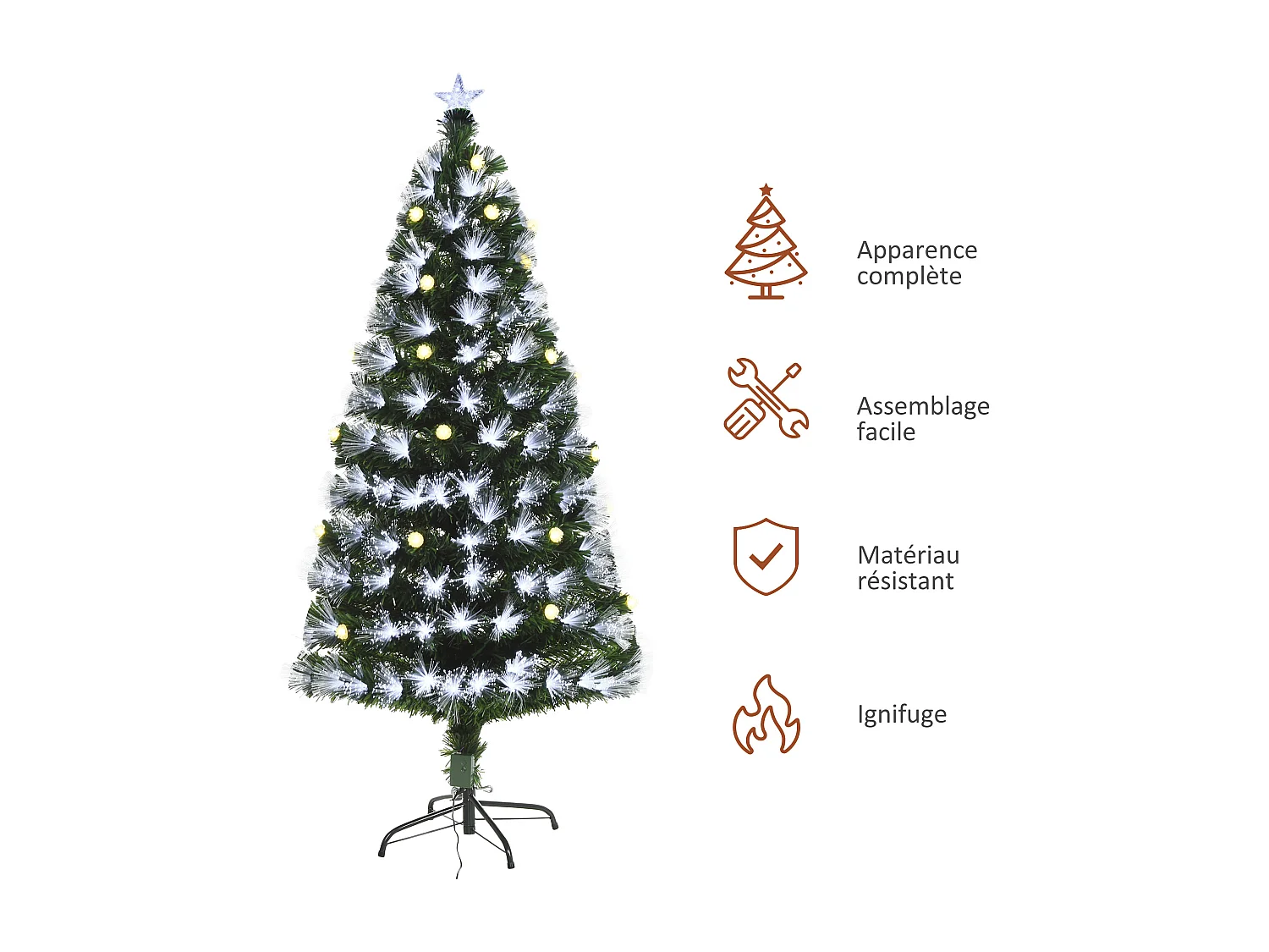 Sapin de Noël artificiel lumineux fibre optique LED + 20 ampoules + support pied Ø 63 x 120H cm 130 branches étoile sommet brillante vert