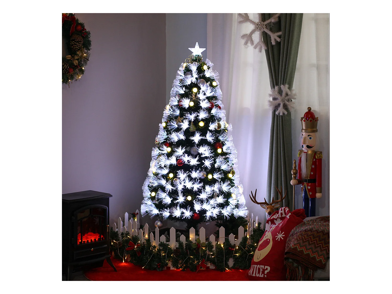 Sapin de Noël artificiel lumineux fibre optique LED + 20 ampoules + support pied Ø 63 x 120H cm 130 branches étoile sommet brillante vert