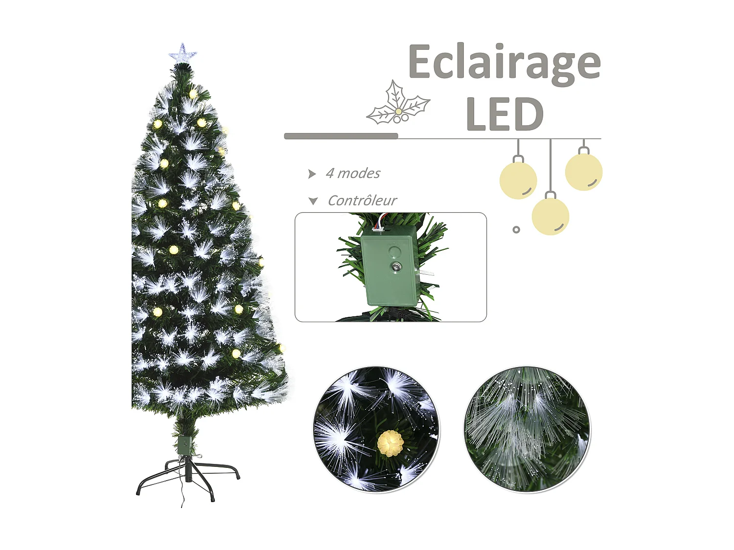 Sapin de Noël artificiel lumineux fibre optique LED + 20 ampoules + support pied Ø 63 x 120H cm 130 branches étoile sommet brillante vert