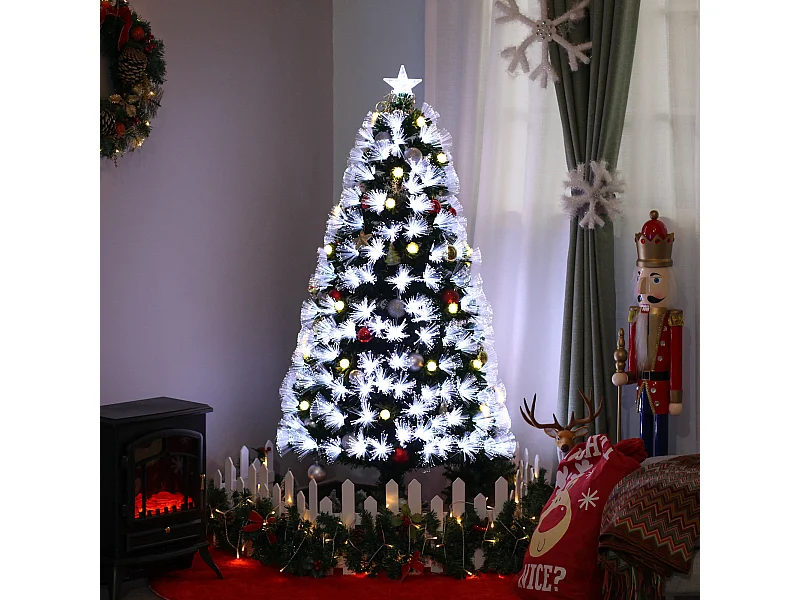 Sapin de Noël artificiel lumineux fibre optique LED + 20 ampoules + support pied Ø 63 x 120H cm 130 branches étoile sommet brillante vert