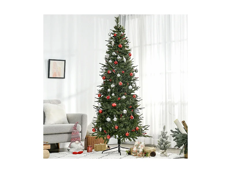 Sapin de Noël artificiel décoré Ø 78 x 210H cm 746 branches épines grand réalisme 45 baies rouges