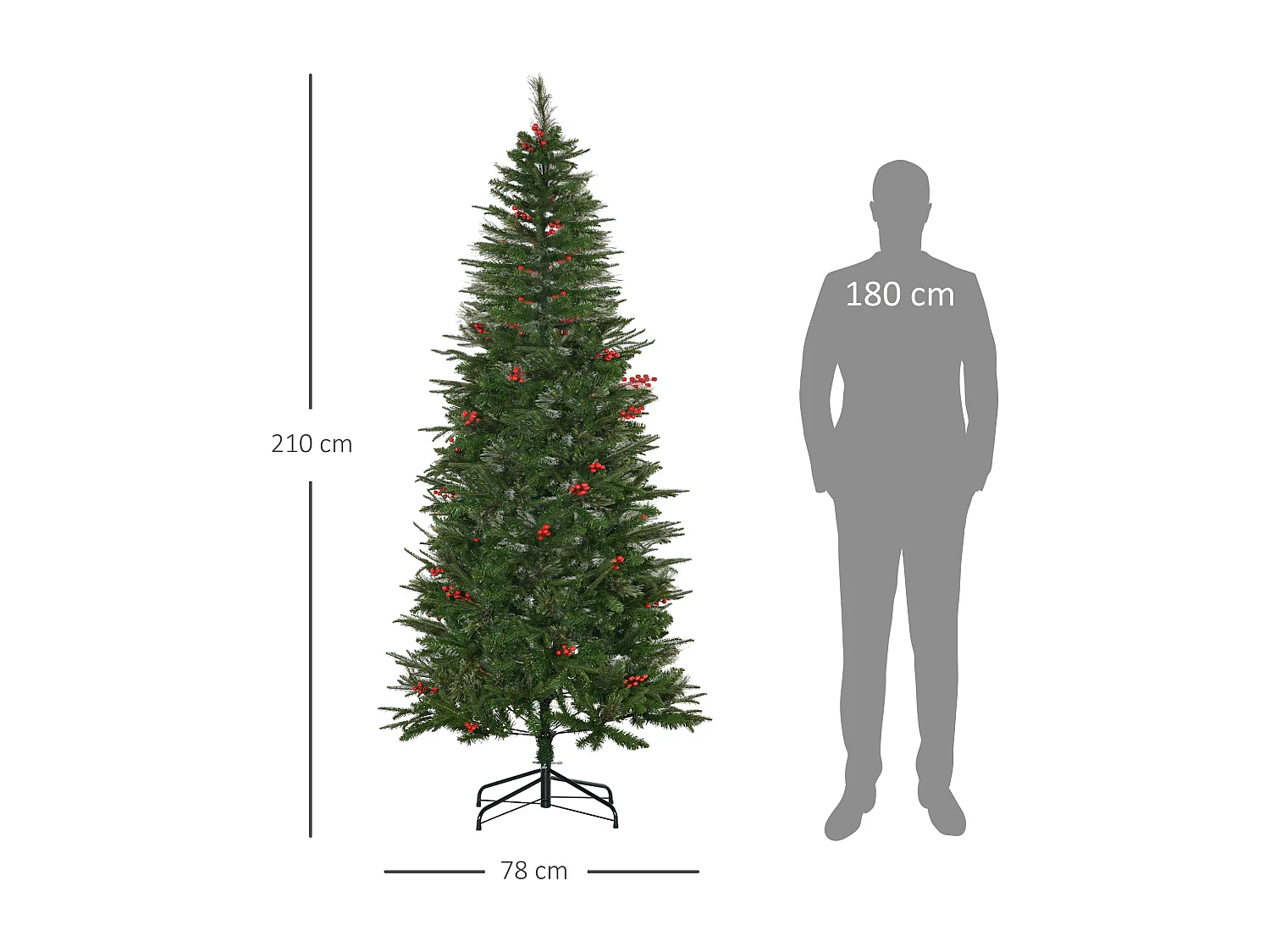 Sapin de Noël artificiel décoré Ø 78 x 210H cm 746 branches épines grand réalisme 45 baies rouges
