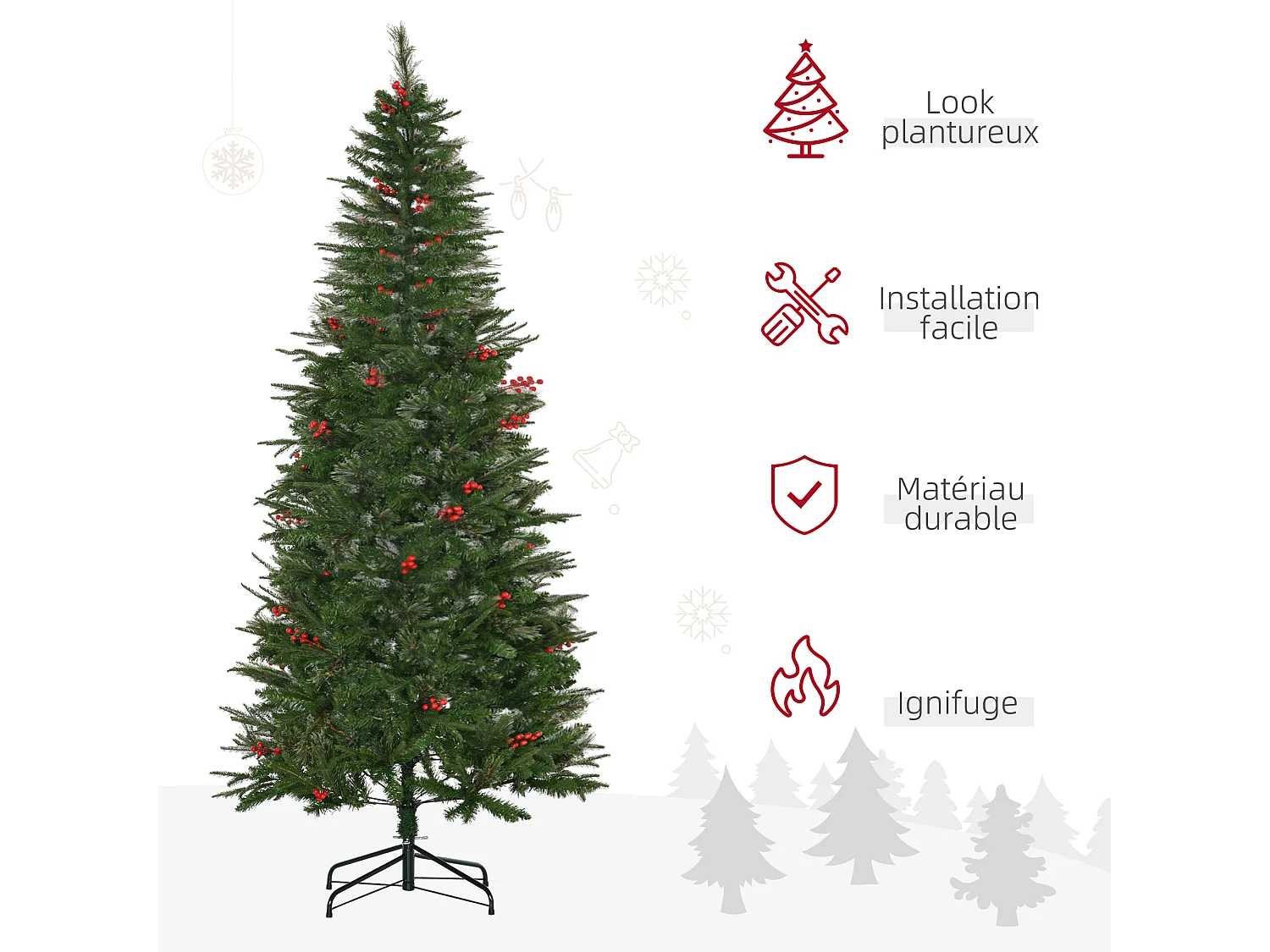 Sapin de Noël artificiel décoré Ø 78 x 210H cm 746 branches épines grand réalisme 45 baies rouges