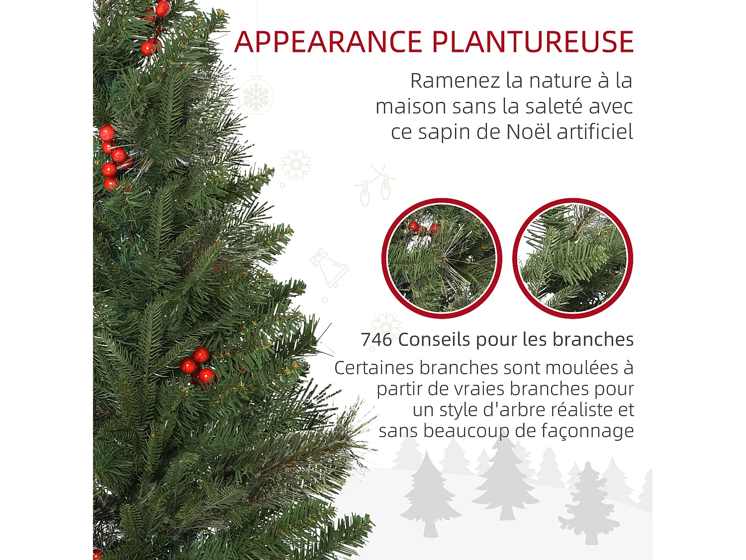 Sapin de Noël artificiel décoré Ø 78 x 210H cm 746 branches épines grand réalisme 45 baies rouges