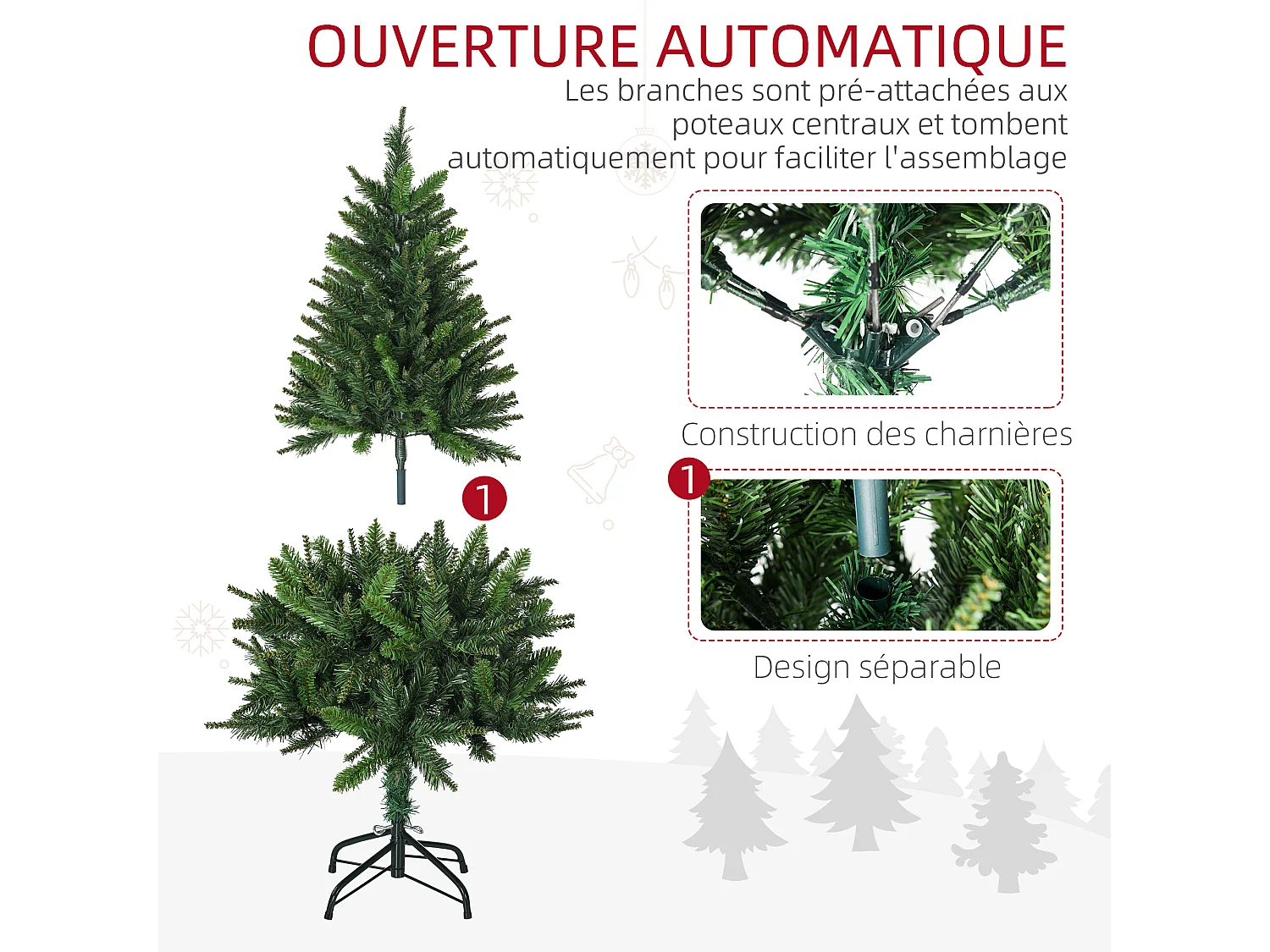 Sapin de Noël artificiel avec 310 branches, support en acier, arbre de Noël artificiel avec socle pliable en acier, hauteur 120 cm, vert