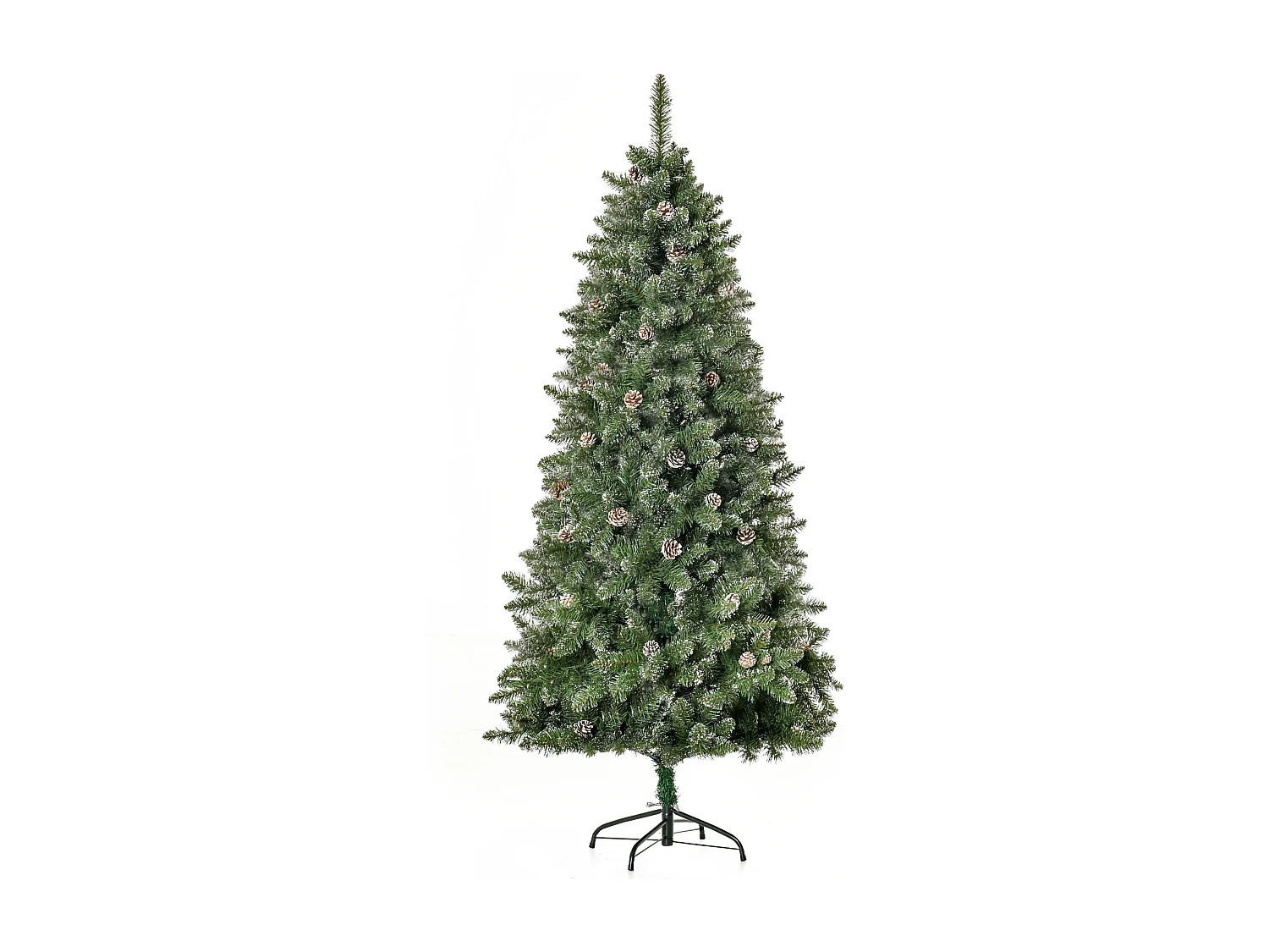 Sapin de Noël artificiel aspect enneigé Ø 86 x 180H cm 50 pommes de pin 718 branches épines imitation Nordmann grand réalisme