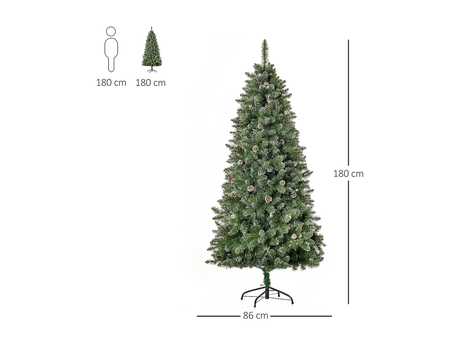 Sapin de Noël artificiel aspect enneigé Ø 86 x 180H cm 50 pommes de pin 718 branches épines imitation Nordmann grand réalisme