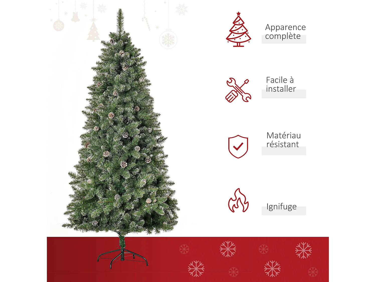 Sapin de Noël artificiel aspect enneigé Ø 86 x 180H cm 50 pommes de pin 718 branches épines imitation Nordmann grand réalisme
