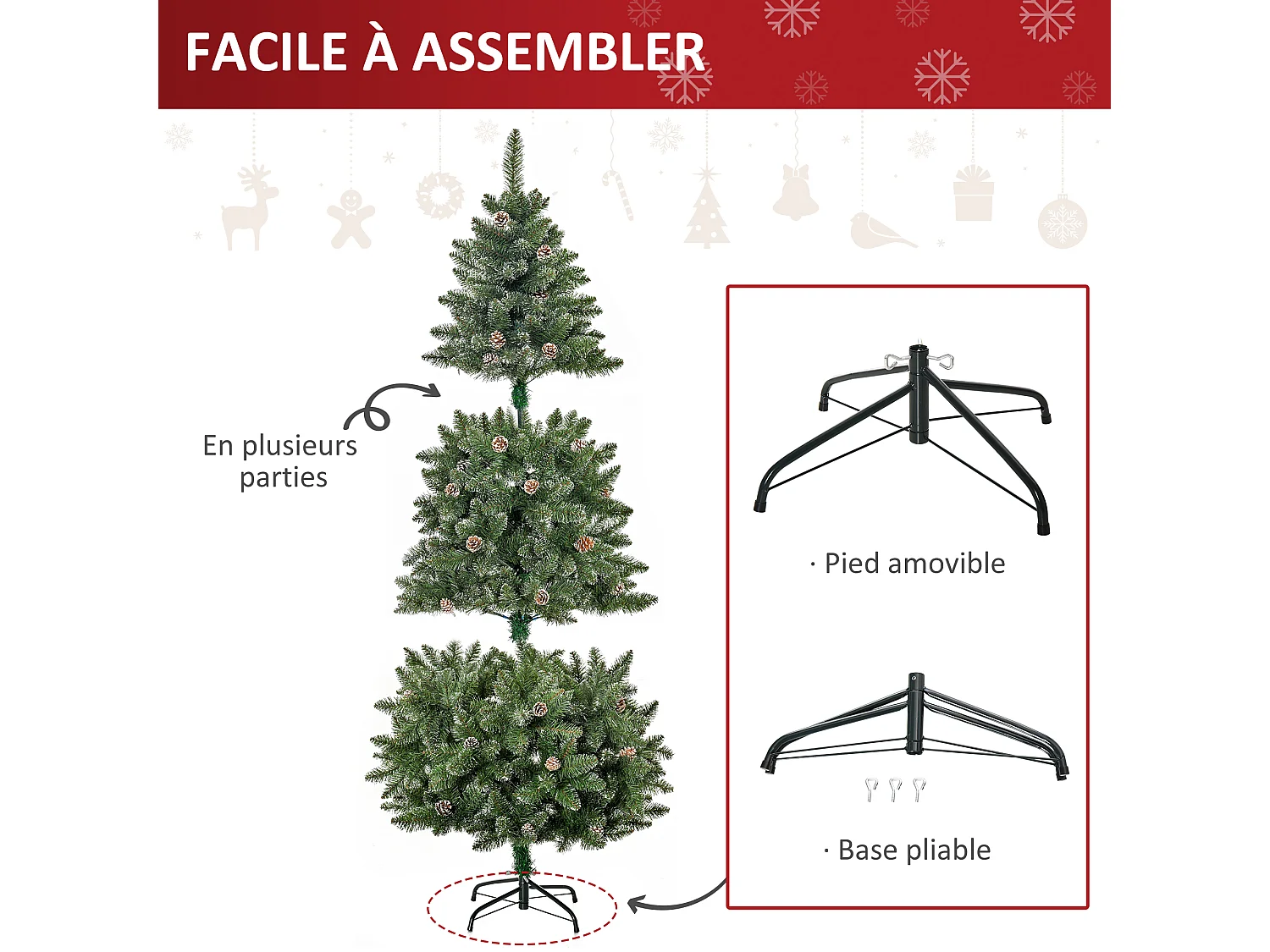 Sapin de Noël artificiel aspect enneigé Ø 86 x 180H cm 50 pommes de pin 718 branches épines imitation Nordmann grand réalisme