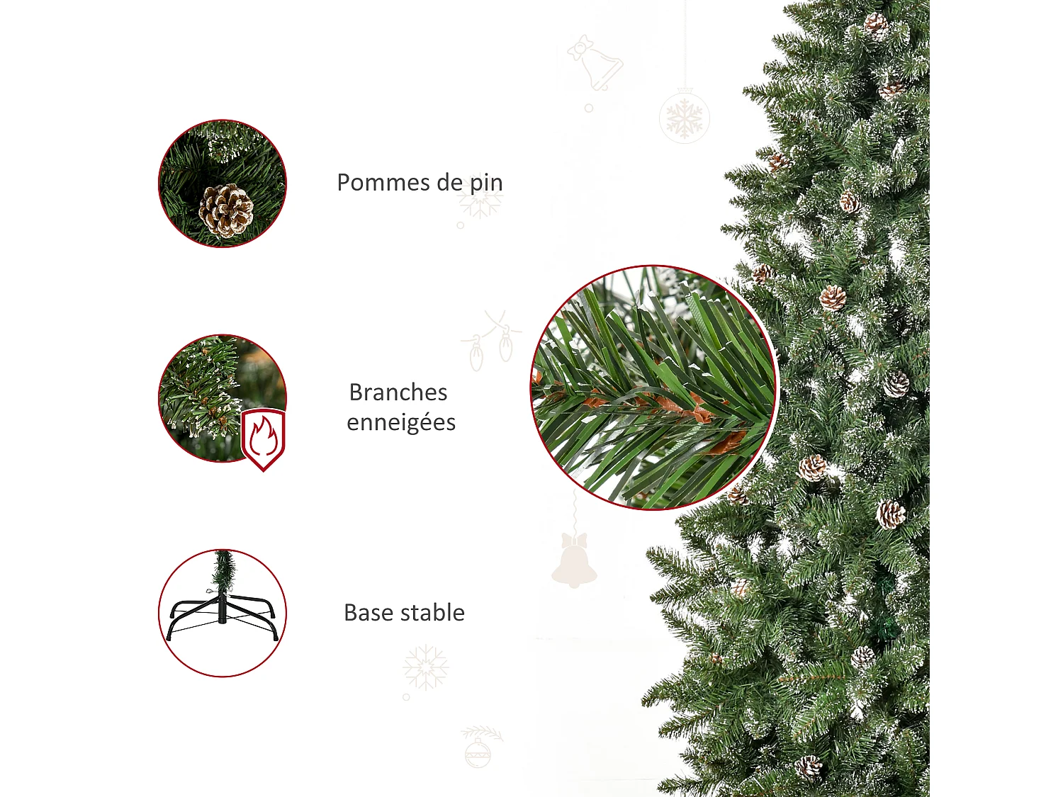 Sapin de Noël artificiel aspect enneigé Ø 86 x 180H cm 50 pommes de pin 718 branches épines imitation Nordmann grand réalisme