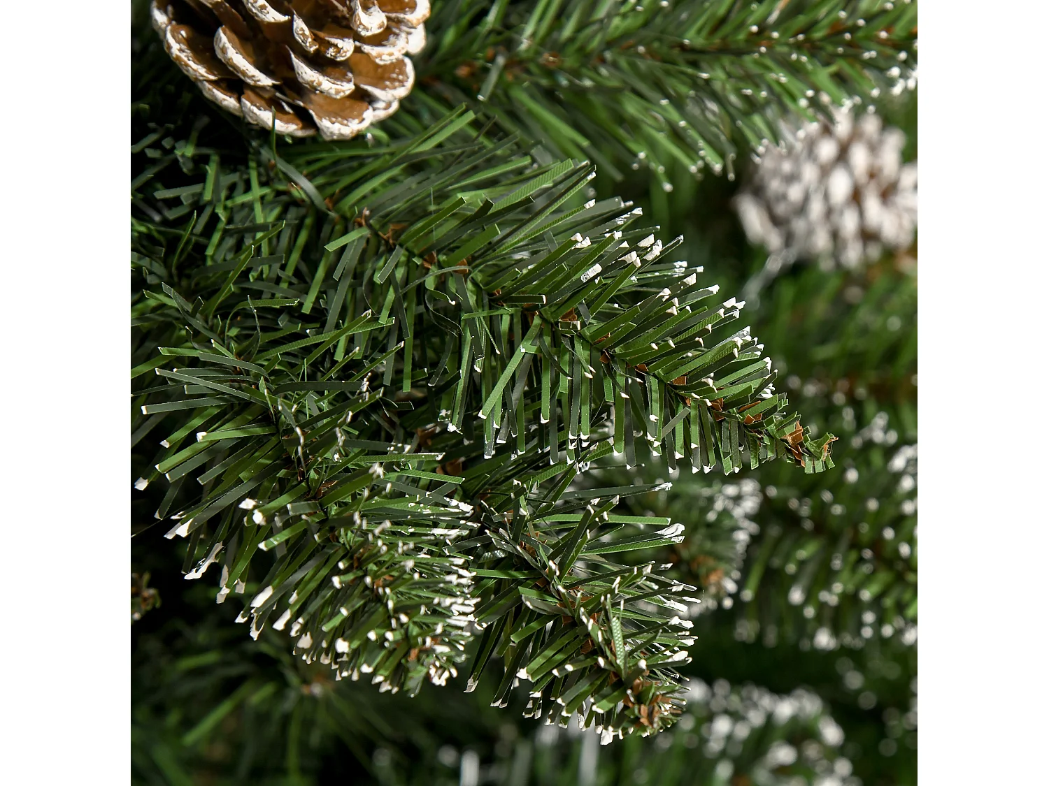 Sapin de Noël artificiel aspect enneigé Ø 86 x 180H cm 50 pommes de pin 718 branches épines imitation Nordmann grand réalisme