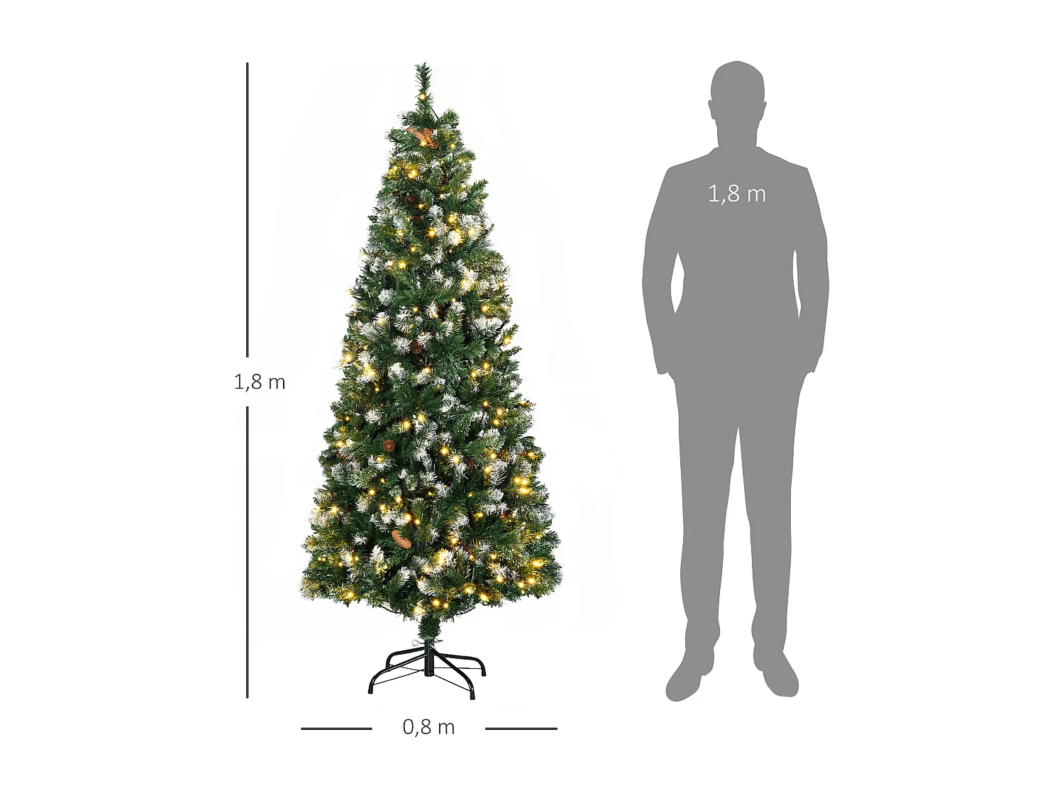 Sapin de Noël artificiel lumineux LED x 250 blanc chaud 30 pommes de pin H. 180 cm 703 branches vert effet neige