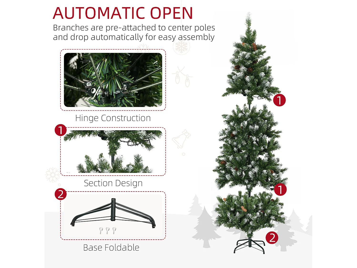 Sapin de Noël artificiel lumineux LED x 250 blanc chaud 30 pommes de pin H. 180 cm 703 branches vert effet neige