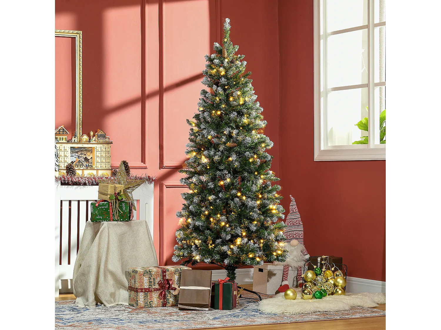 Sapin de Noël artificiel lumineux LED x 250 blanc chaud 30 pommes de pin H. 180 cm 703 branches vert effet neige