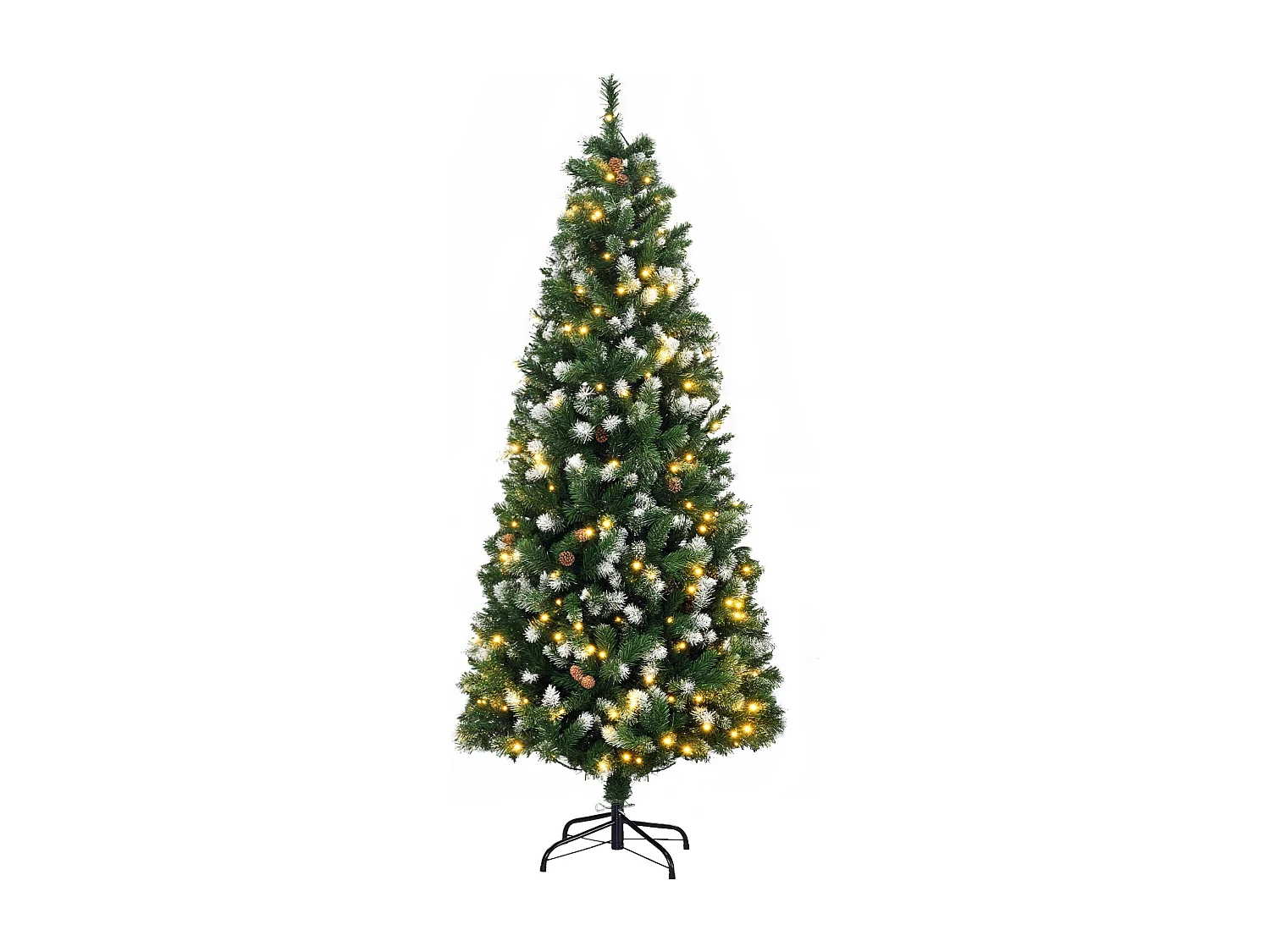 Sapin de Noël artificiel lumineux LED x 250 blanc chaud 30 pommes de pin H. 180 cm 703 branches vert effet neige
