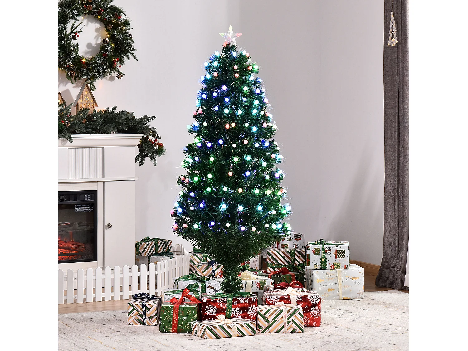 Sapin de Noël artificiel lumineux fibre optique LED 170 ampoules multicolores Ø 70 x 150H cm 170 branches étoile sommet brillante vert