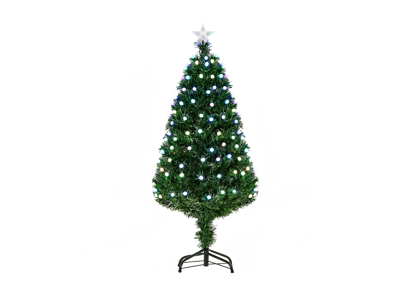 Sapin de Noël artificiel lumineux fibre optique LED 170 ampoules multicolores Ø 70 x 150H cm 170 branches étoile sommet brillante vert
