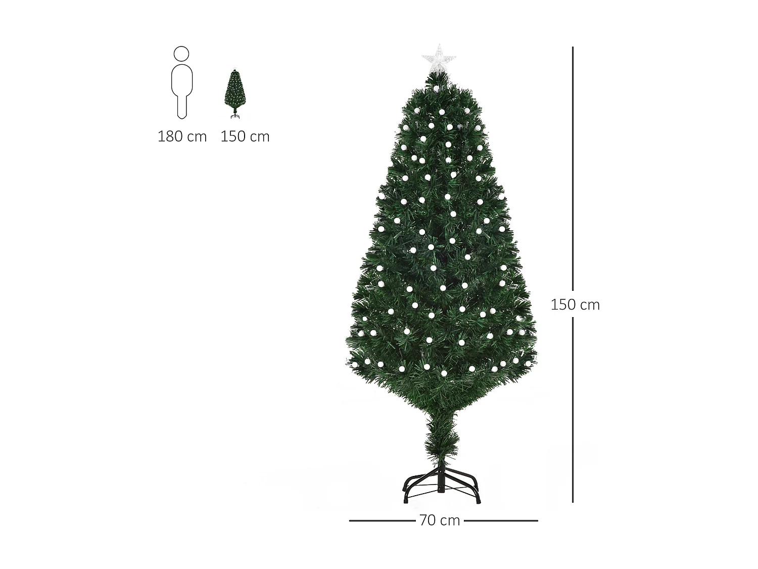 Sapin de Noël artificiel lumineux fibre optique LED 170 ampoules multicolores Ø 70 x 150H cm 170 branches étoile sommet brillante vert