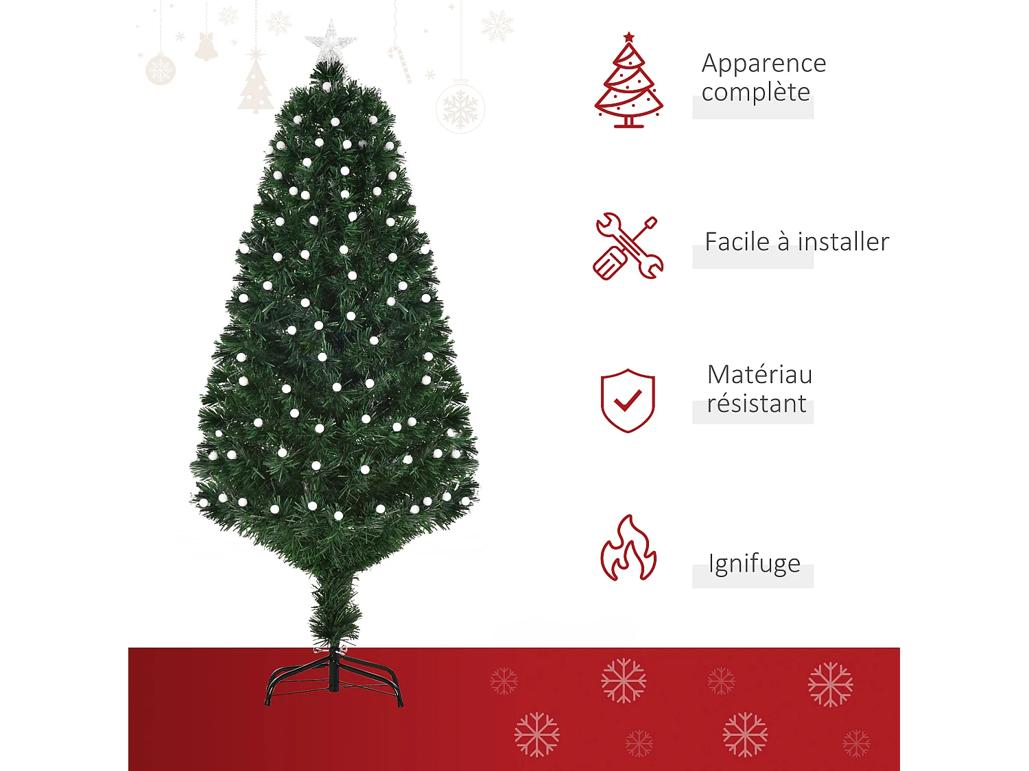 Sapin de Noël artificiel lumineux fibre optique LED 170 ampoules multicolores Ø 70 x 150H cm 170 branches étoile sommet brillante vert