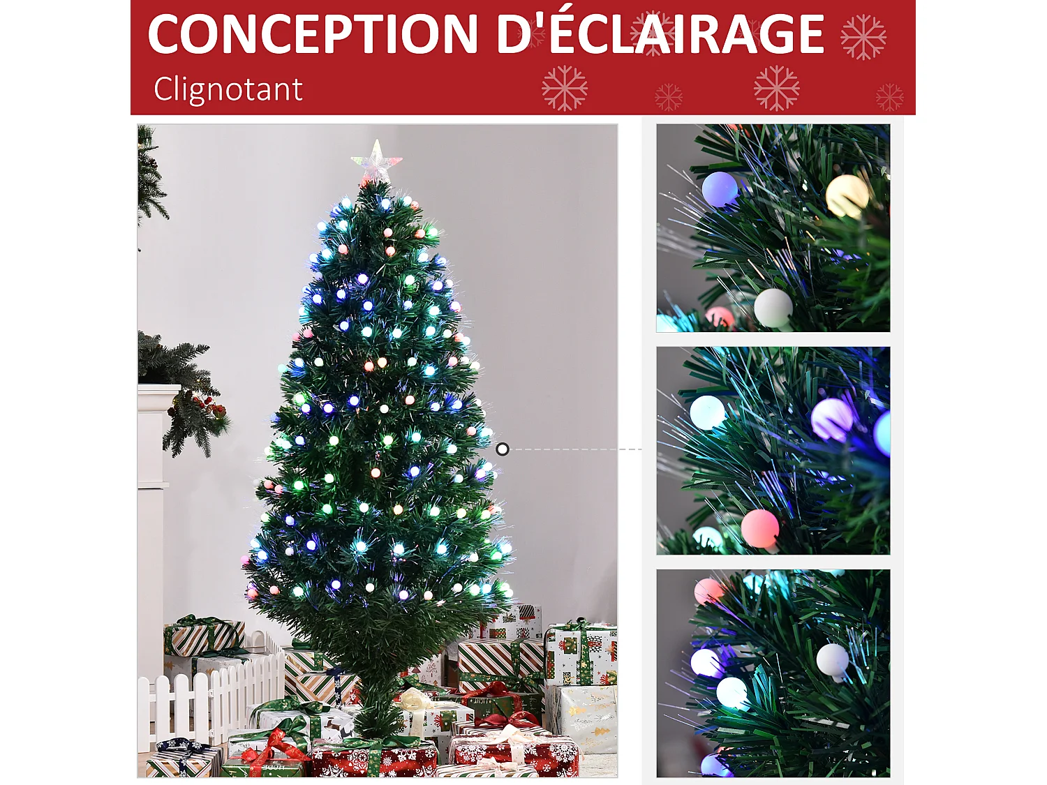 Sapin de Noël artificiel lumineux fibre optique LED 170 ampoules multicolores Ø 70 x 150H cm 170 branches étoile sommet brillante vert
